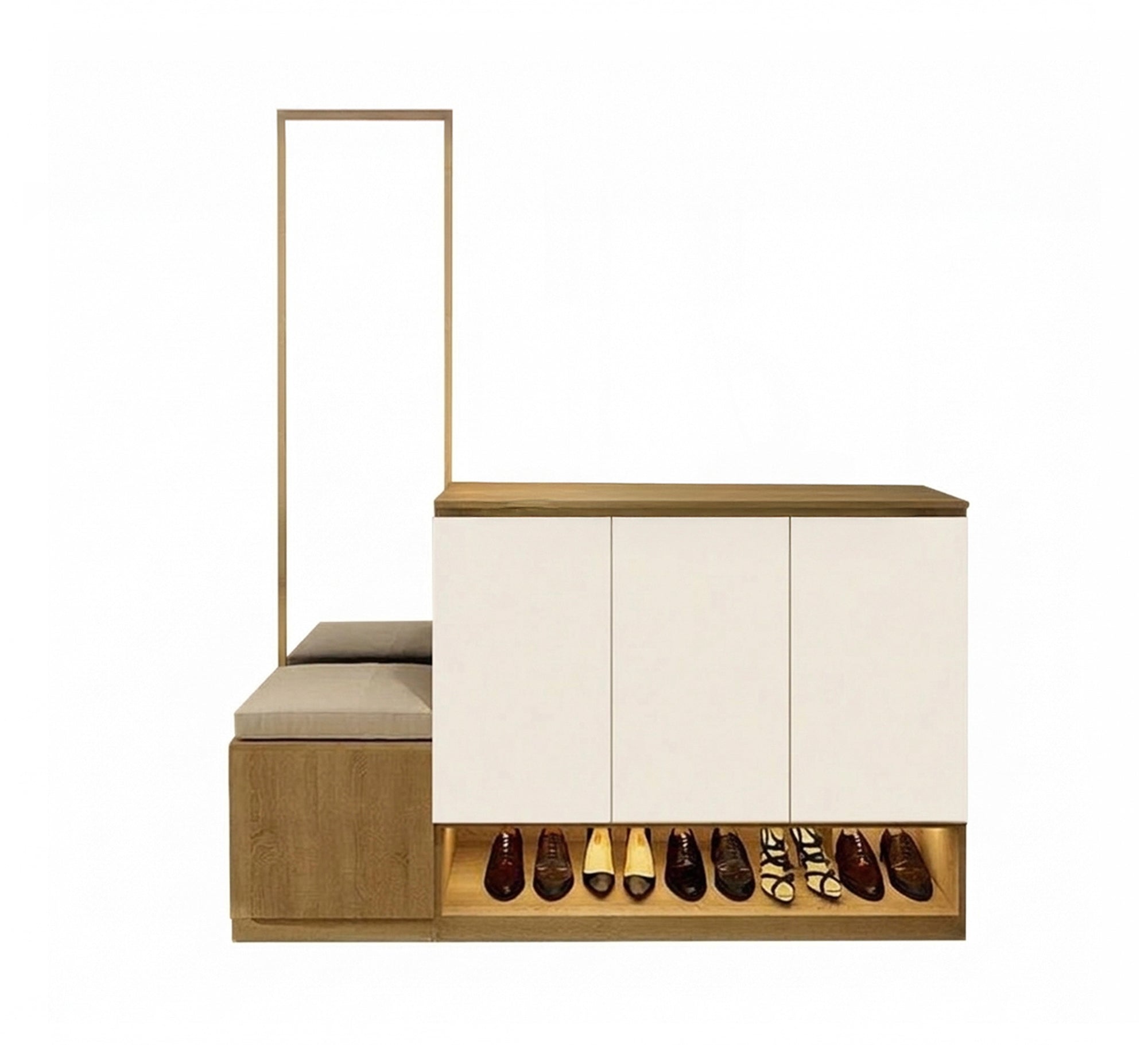 Shoe rack with bench, mirror, and interior lighting - Vitrine Furniture - Shoe Racks