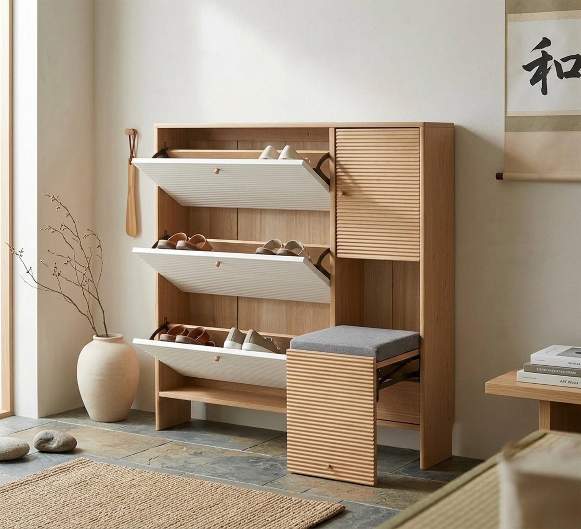 Shoe rack with movable storage shelves and a bench - Vitrine Furniture - Shoe Racks