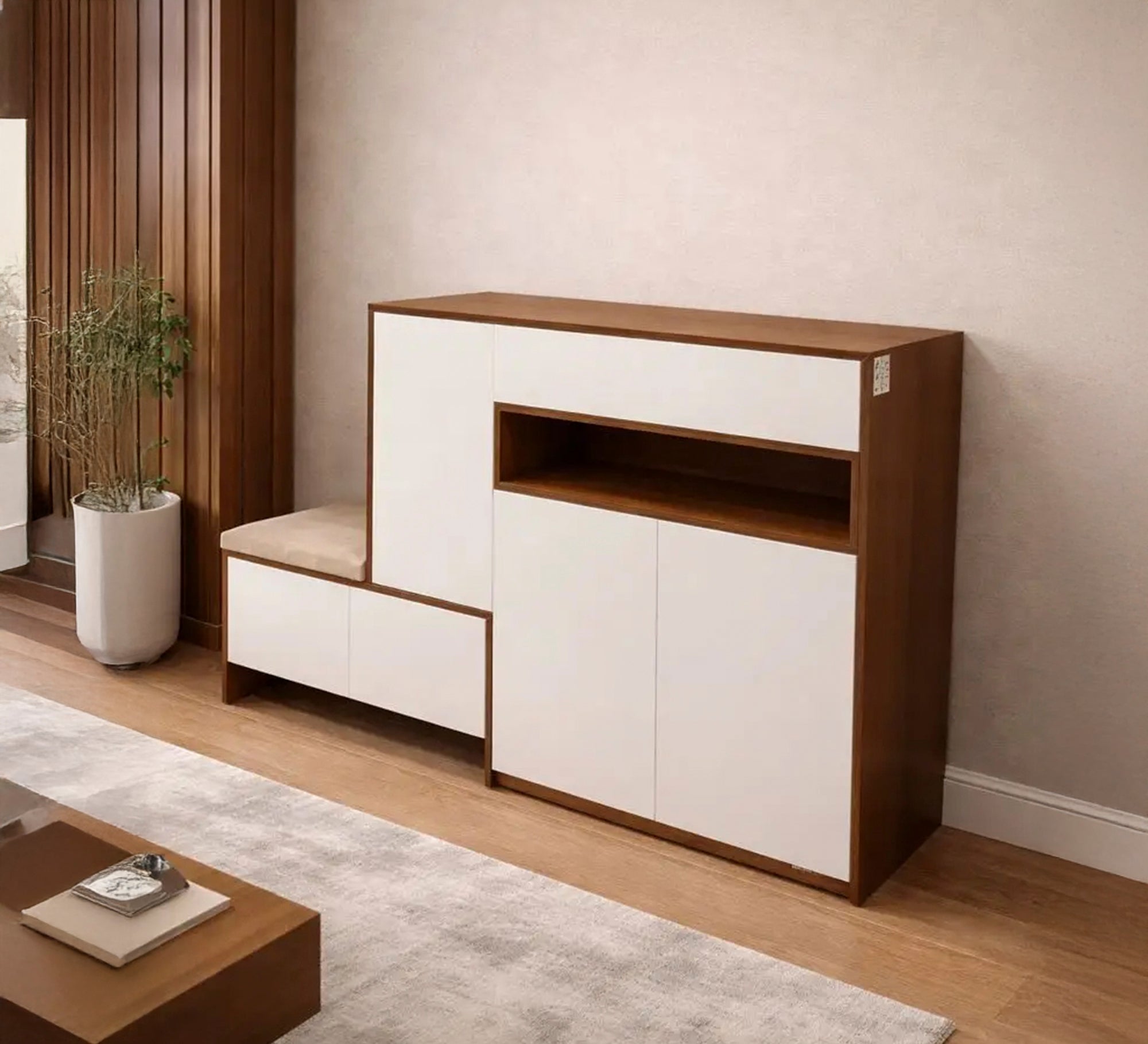 Shoe rack with multiple doors and a bench - Vitrine Furniture - Shoe Racks