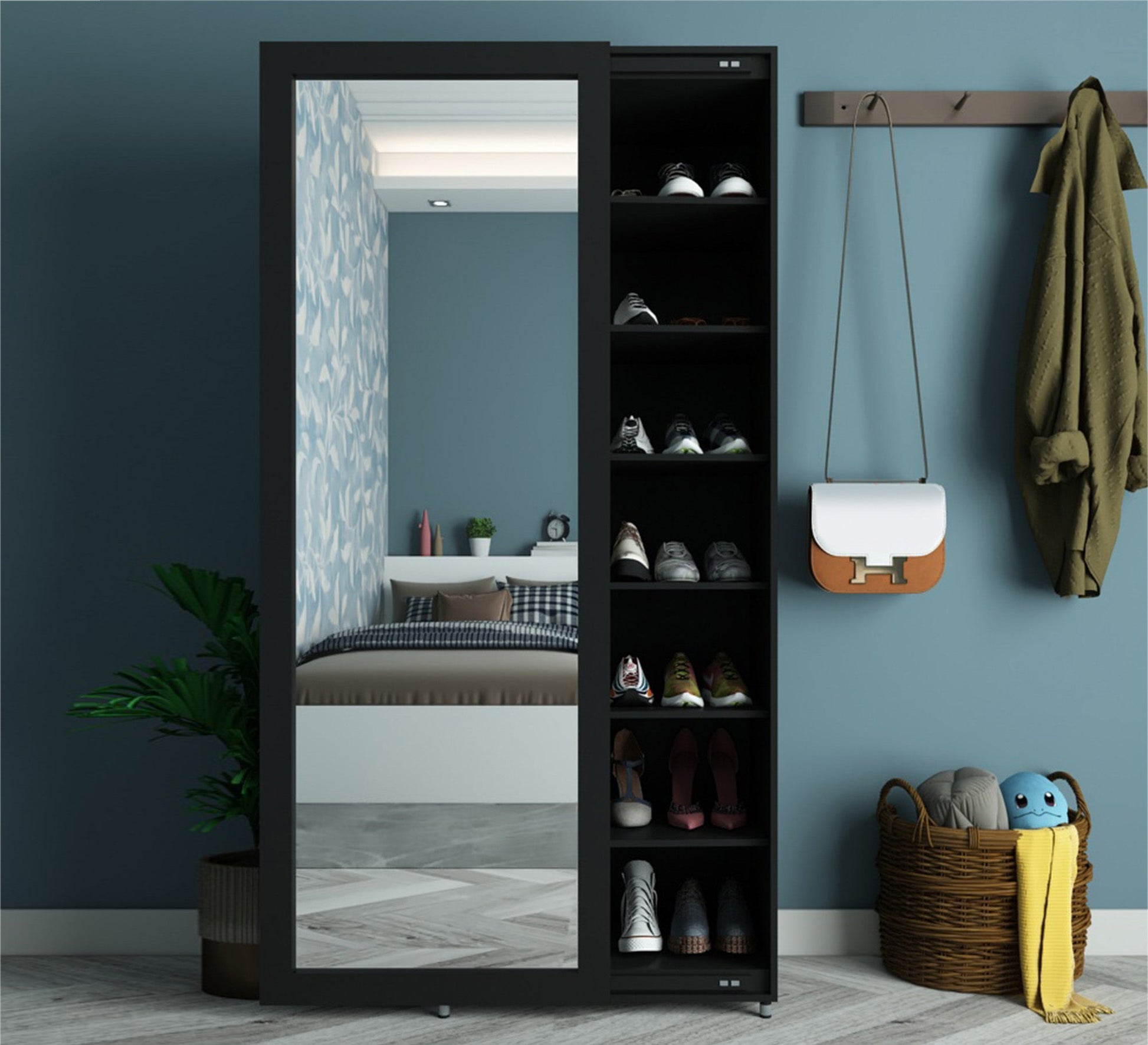 shoerack with a longitudinal mirror window in black - Vitrine Furniture - Furniture