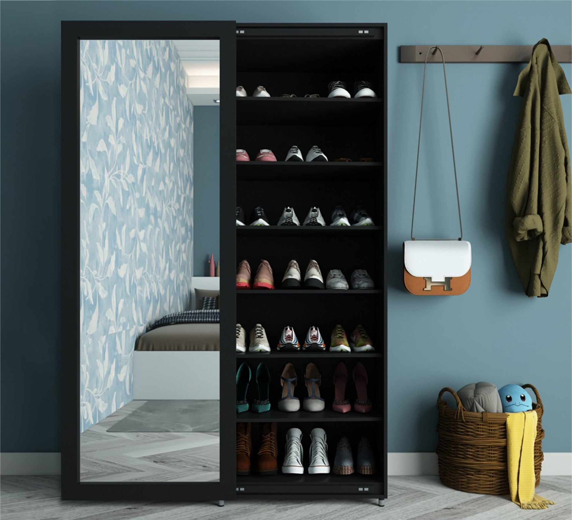shoerack with a longitudinal mirror window in black - Vitrine Furniture - Furniture