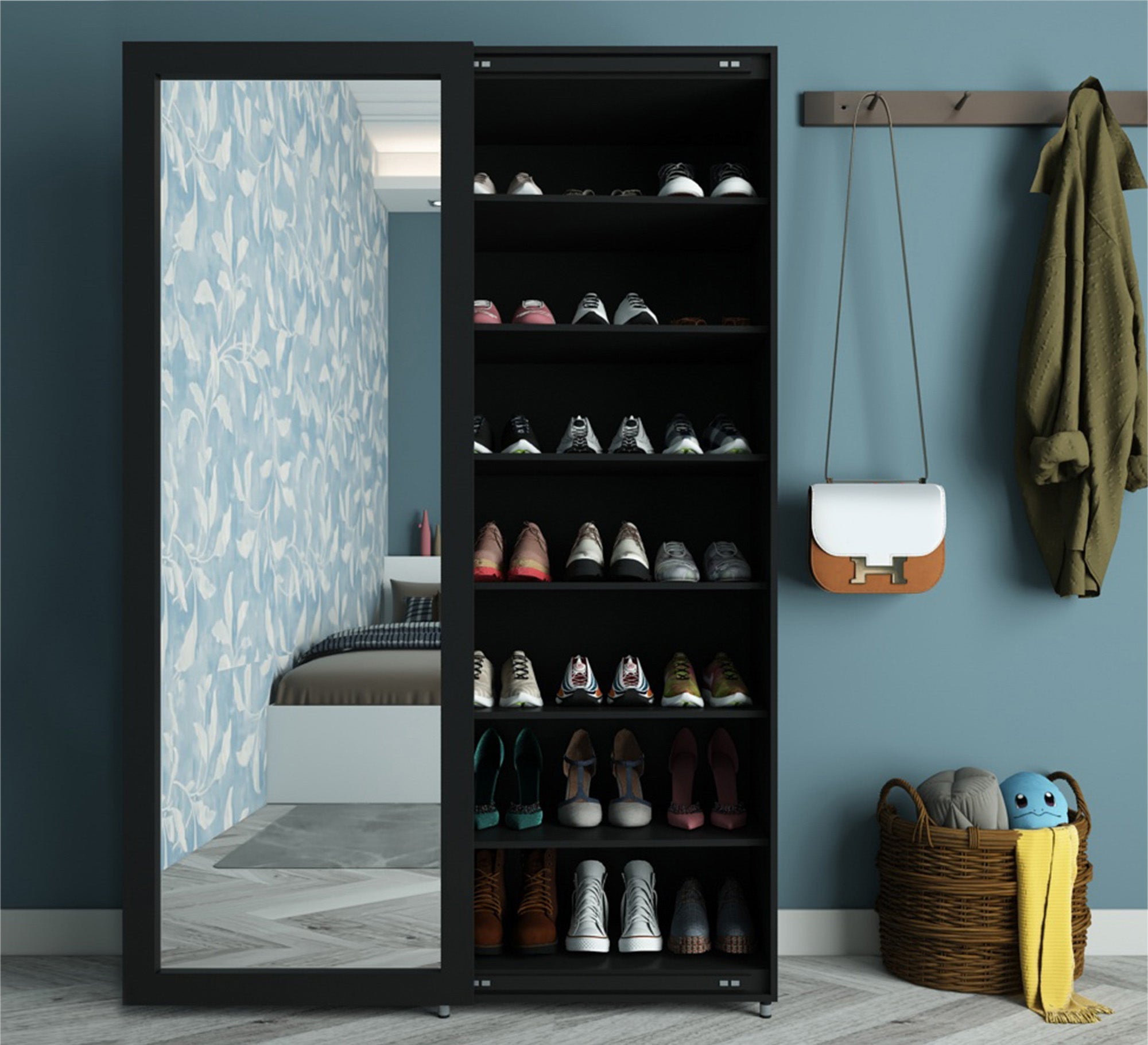 shoerack with a longitudinal mirror window in black - Vitrine Furniture - Furniture