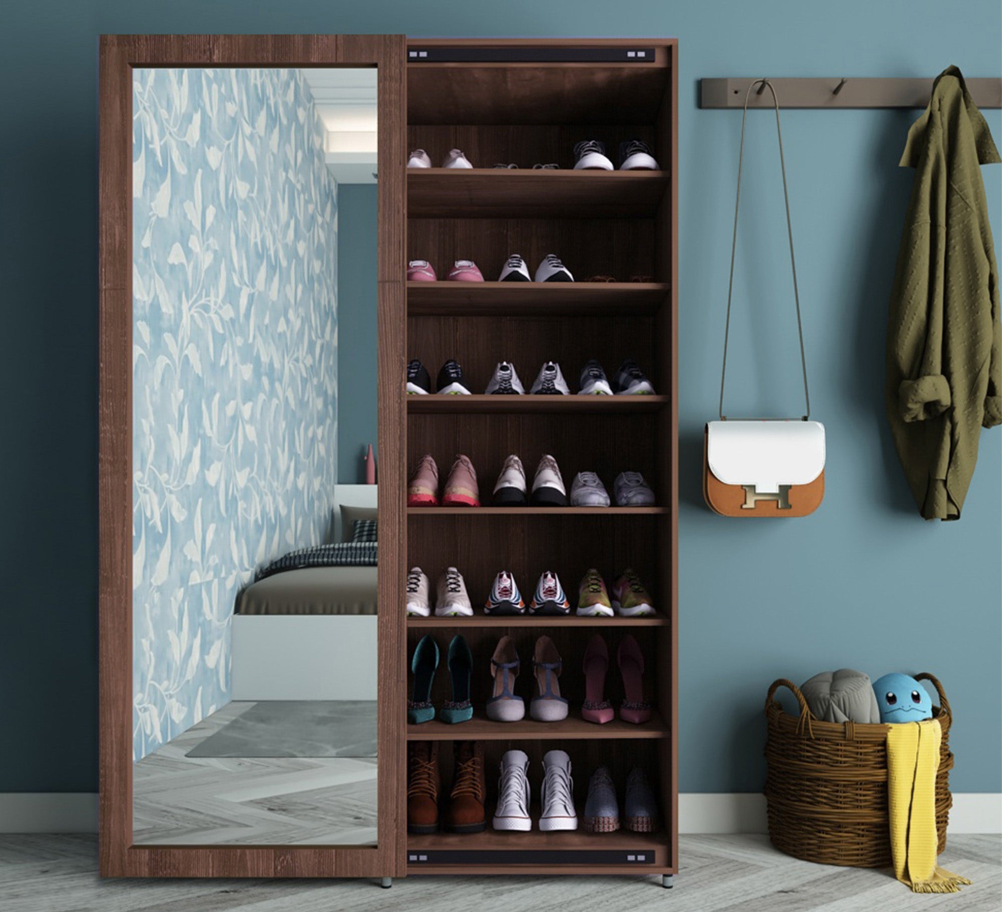shoerack with a longitudinal mirror window in brown - Vitrine Furniture - Furniture