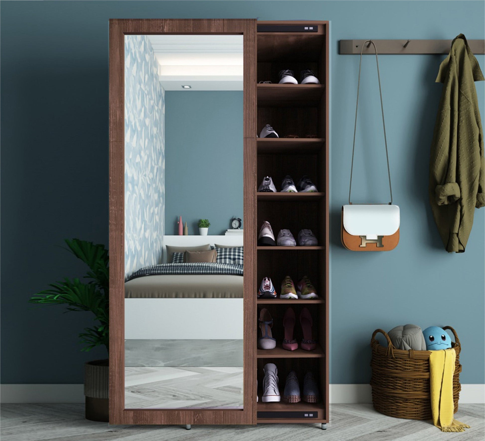 shoerack with a longitudinal mirror window in brown - Vitrine Furniture - Furniture