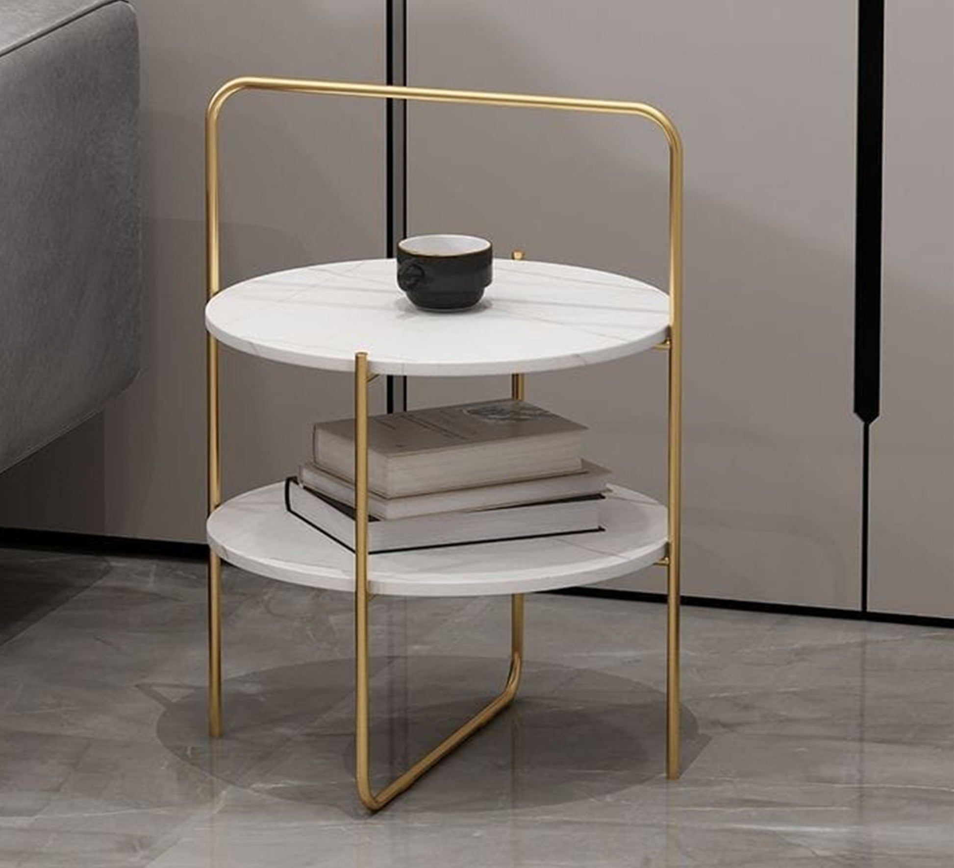 Side table with a gold metal frame and two marble shelves - Vitrine Furniture - Furniture