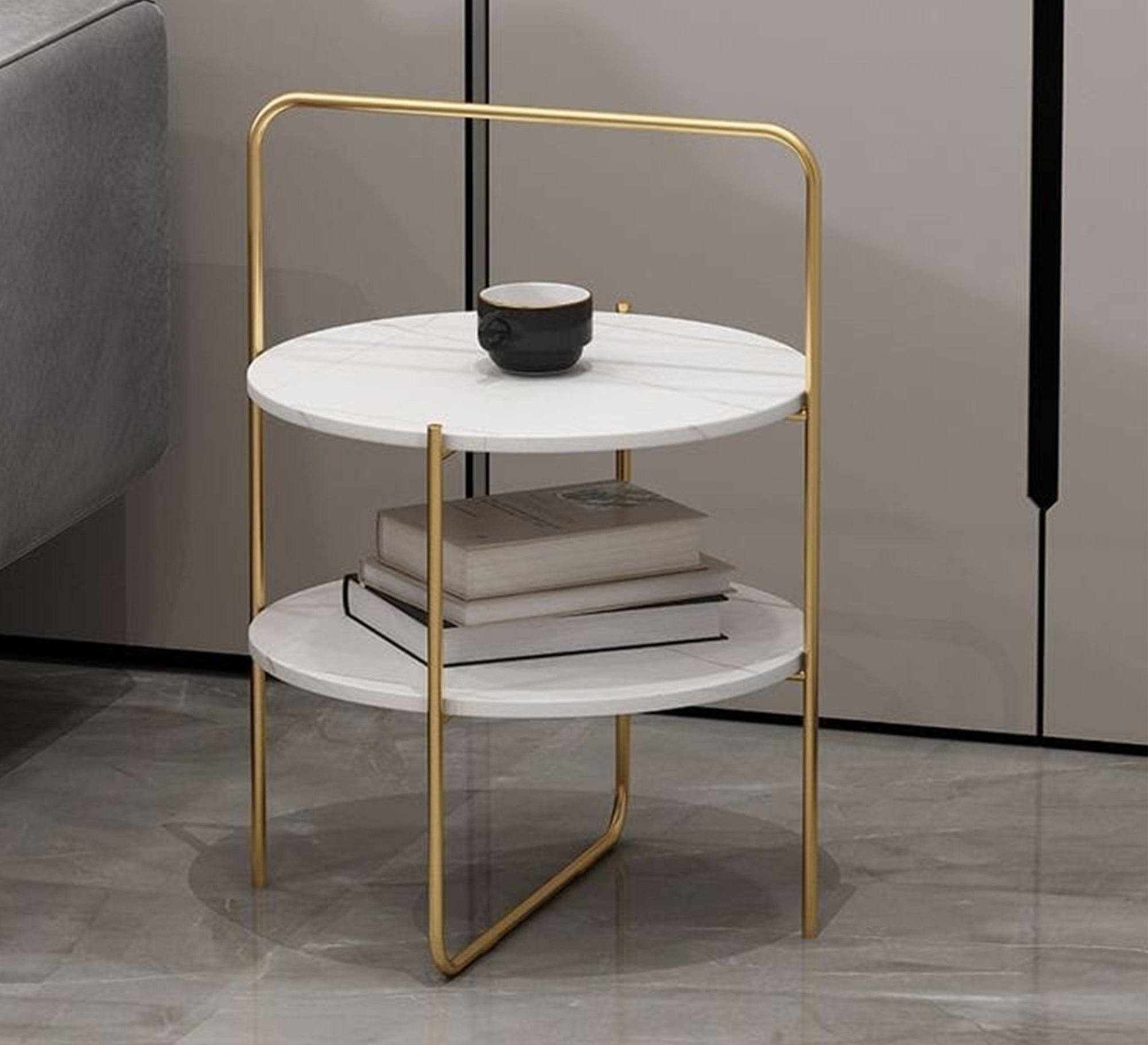 Side table with a gold metal frame and two marble shelves - Vitrine Furniture - Furniture