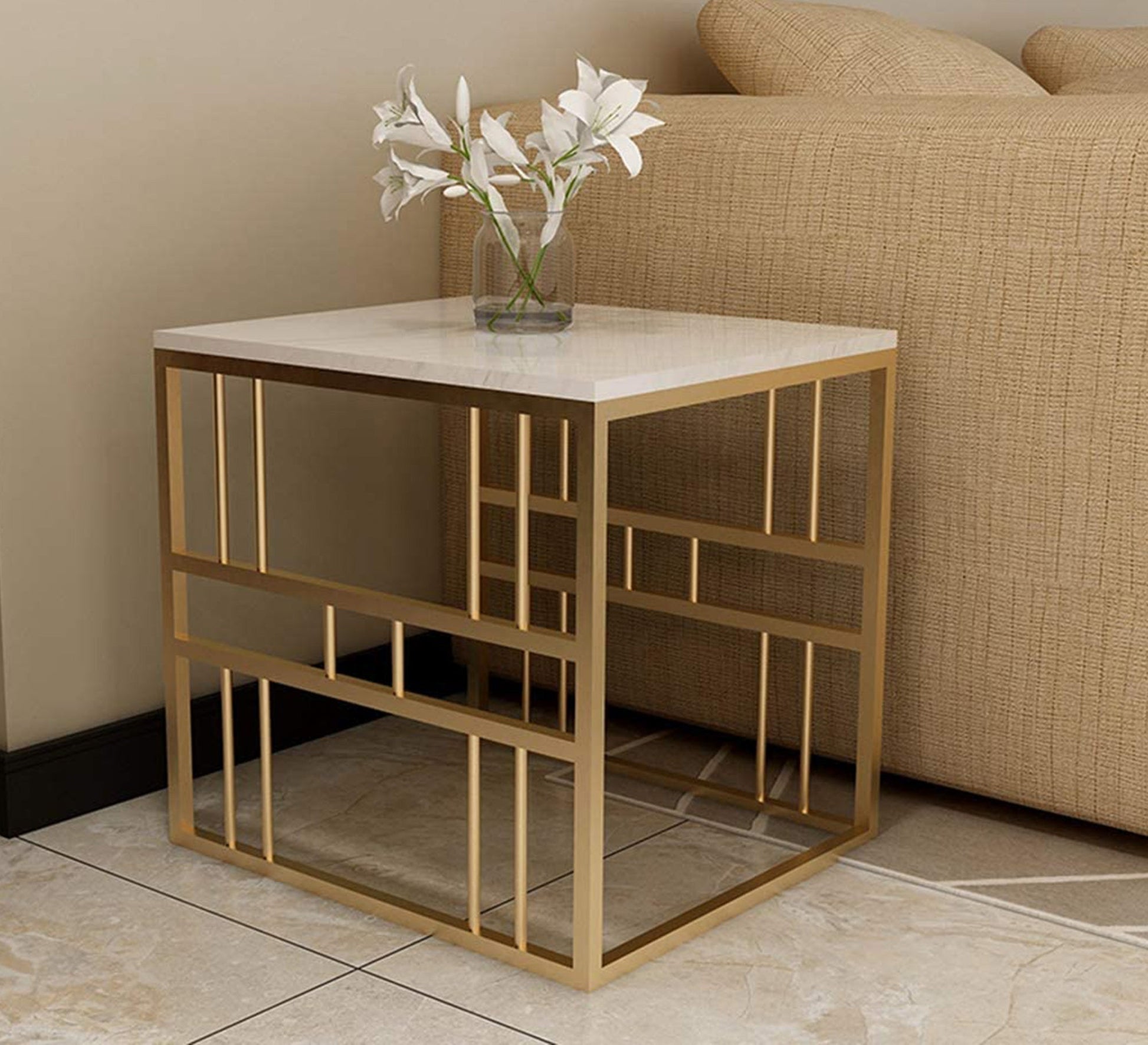 Side table with a square marble base and a gold metal frame - Vitrine Furniture - Furniture