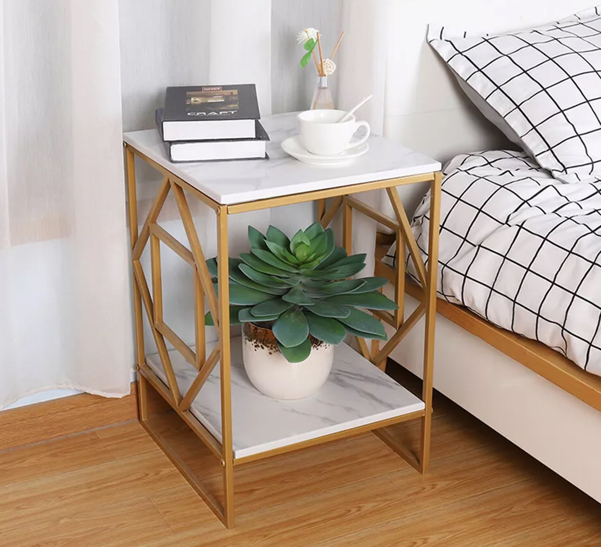 Side table with two shelves with a gold metal frame - Vitrine Furniture - Furniture