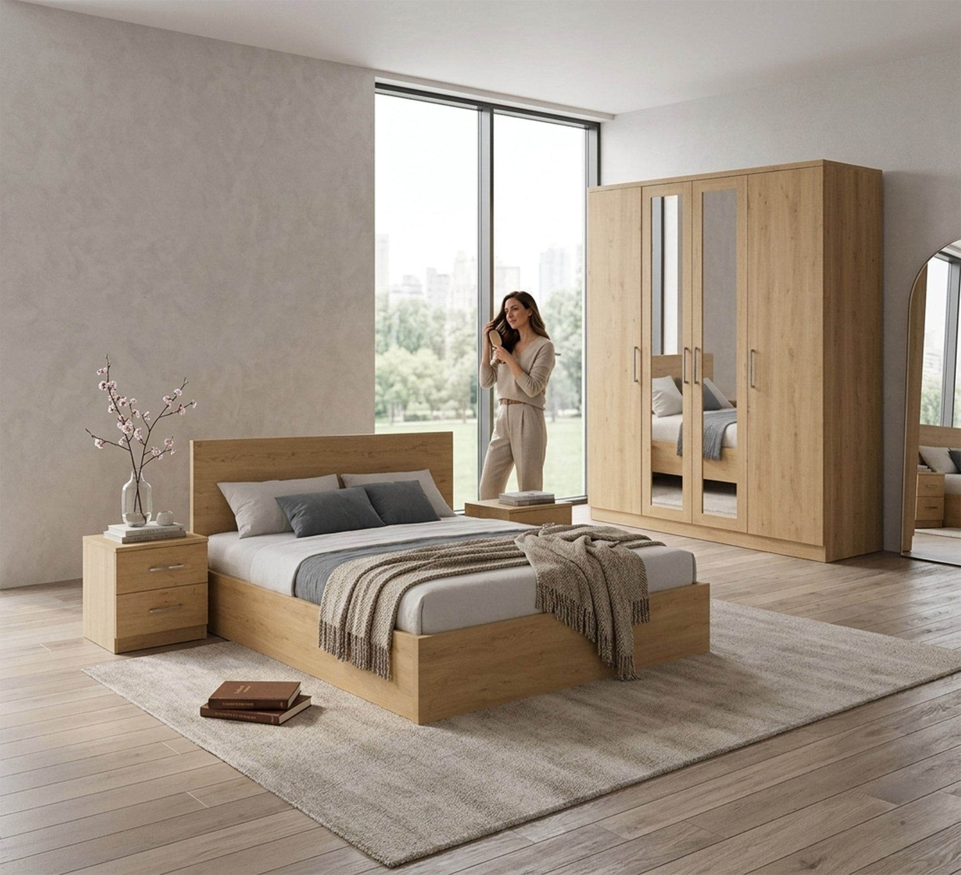 Simple and calm bedroom in wood color - Vitrine Furniture - Master Bedroom Set