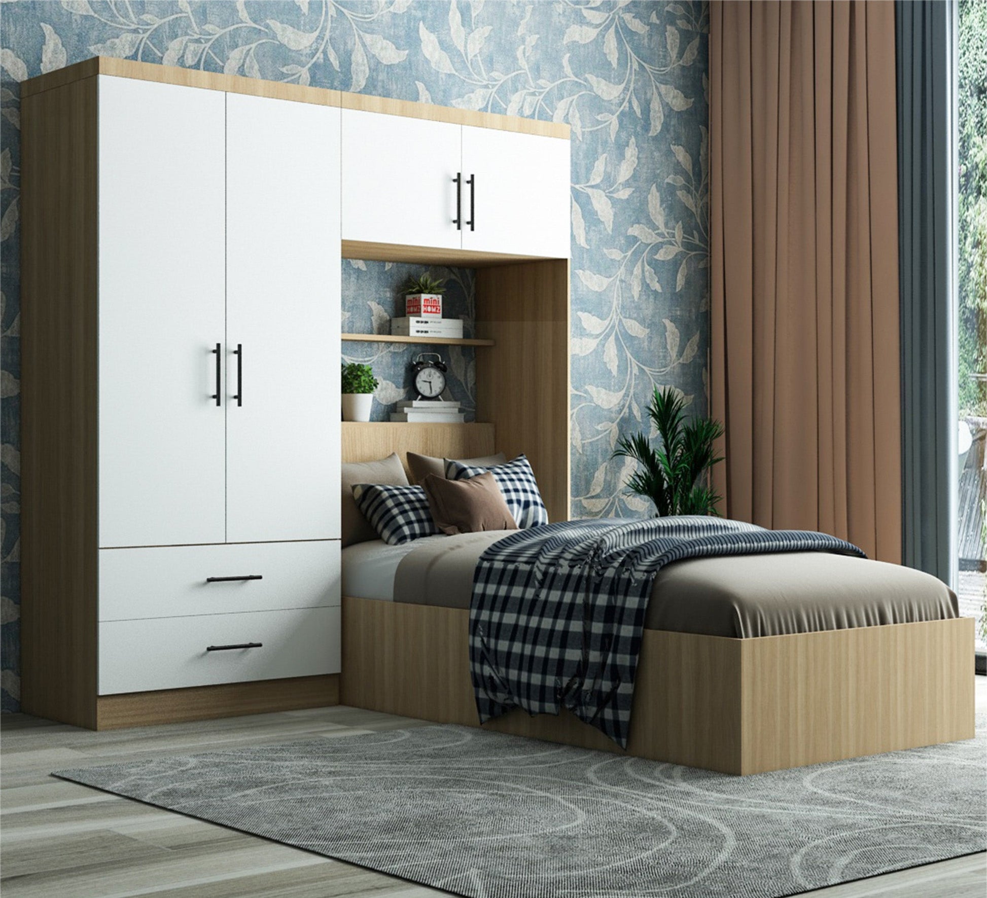 Single bedroom in wooden color with a large wardrobe - Vitrine Furniture - Furniture