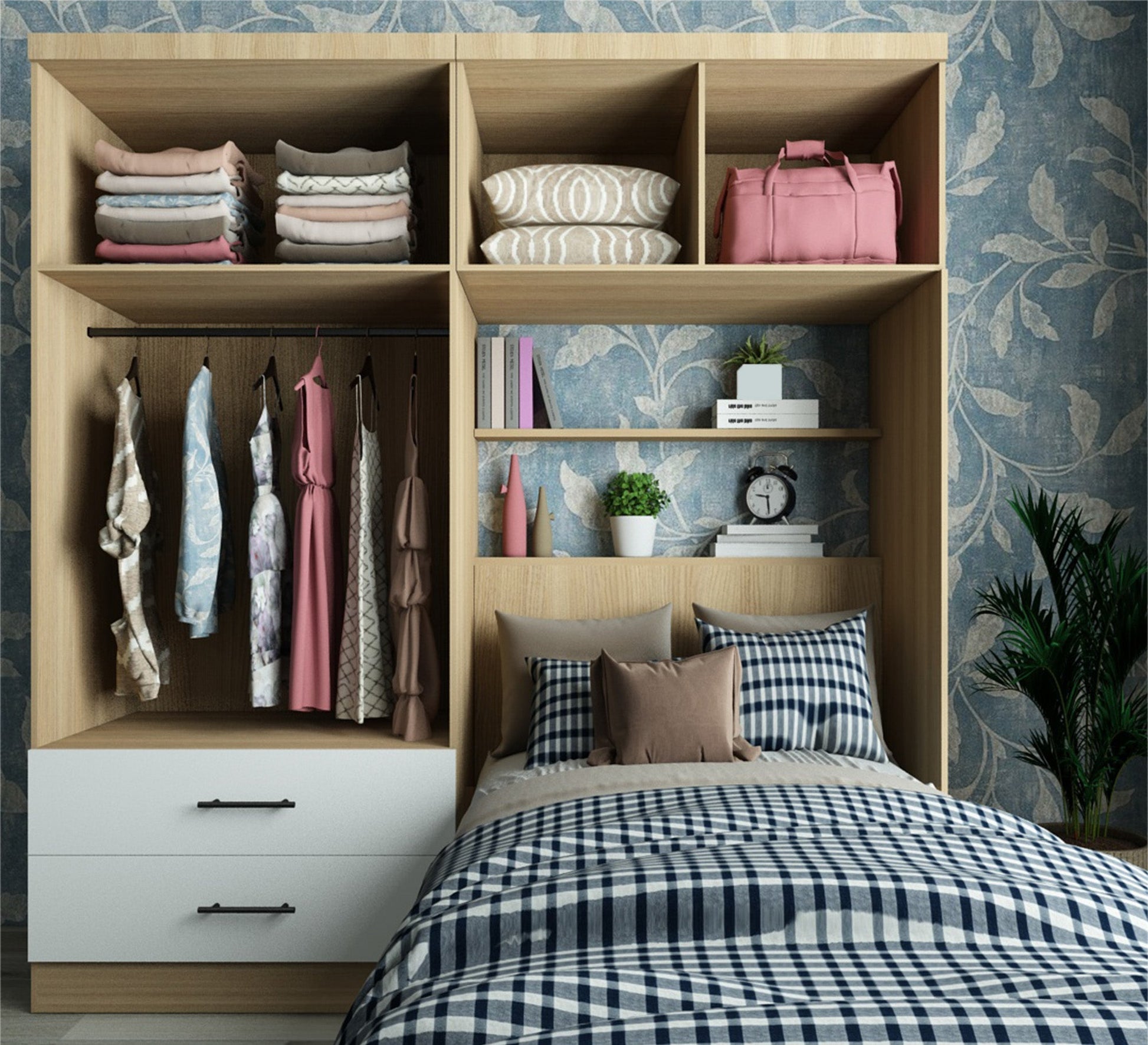 Single bedroom in wooden color with a large wardrobe - Vitrine Furniture - Furniture