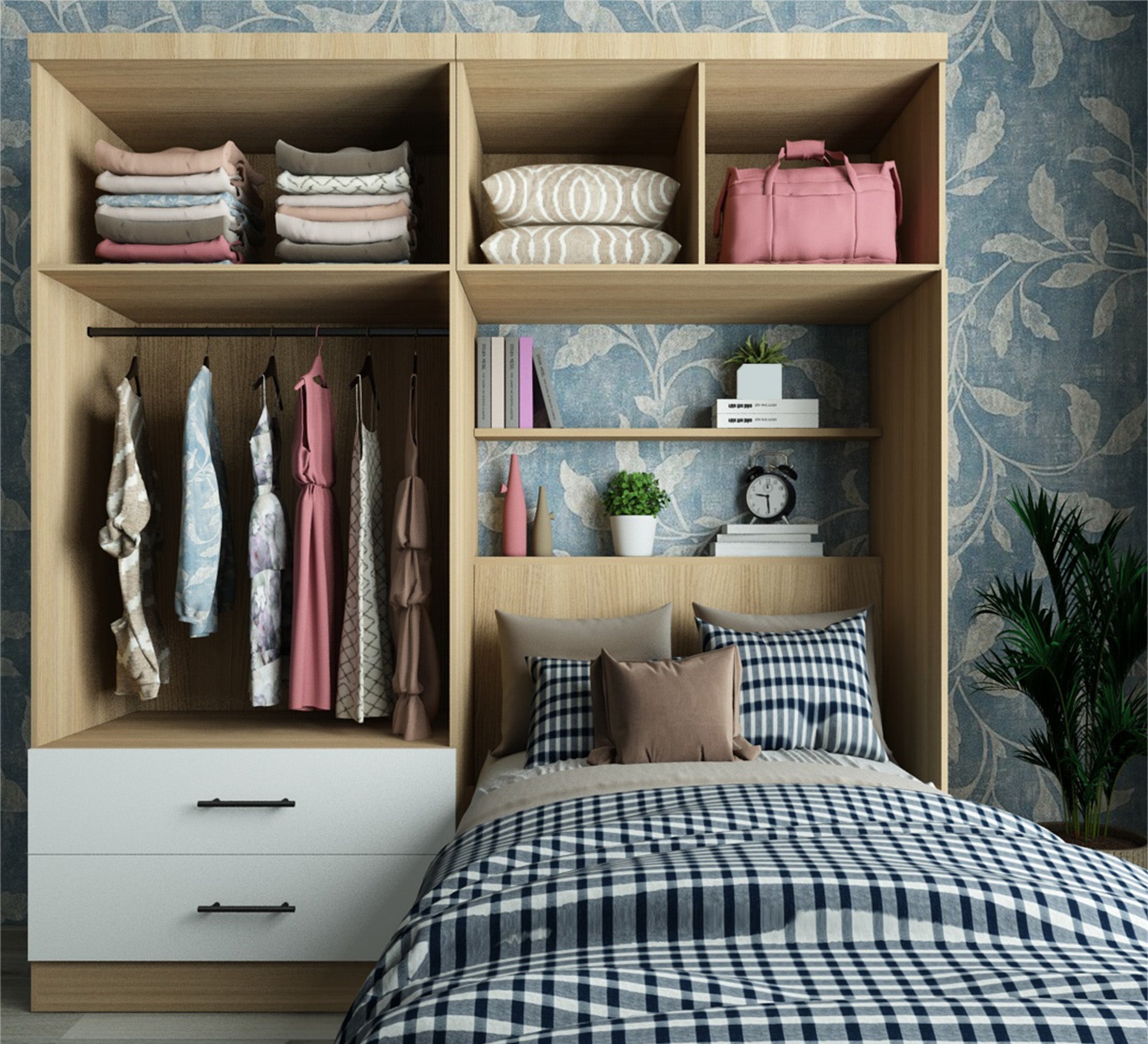 Single bedroom in wooden color with a large wardrobe - Vitrine Furniture - Furniture