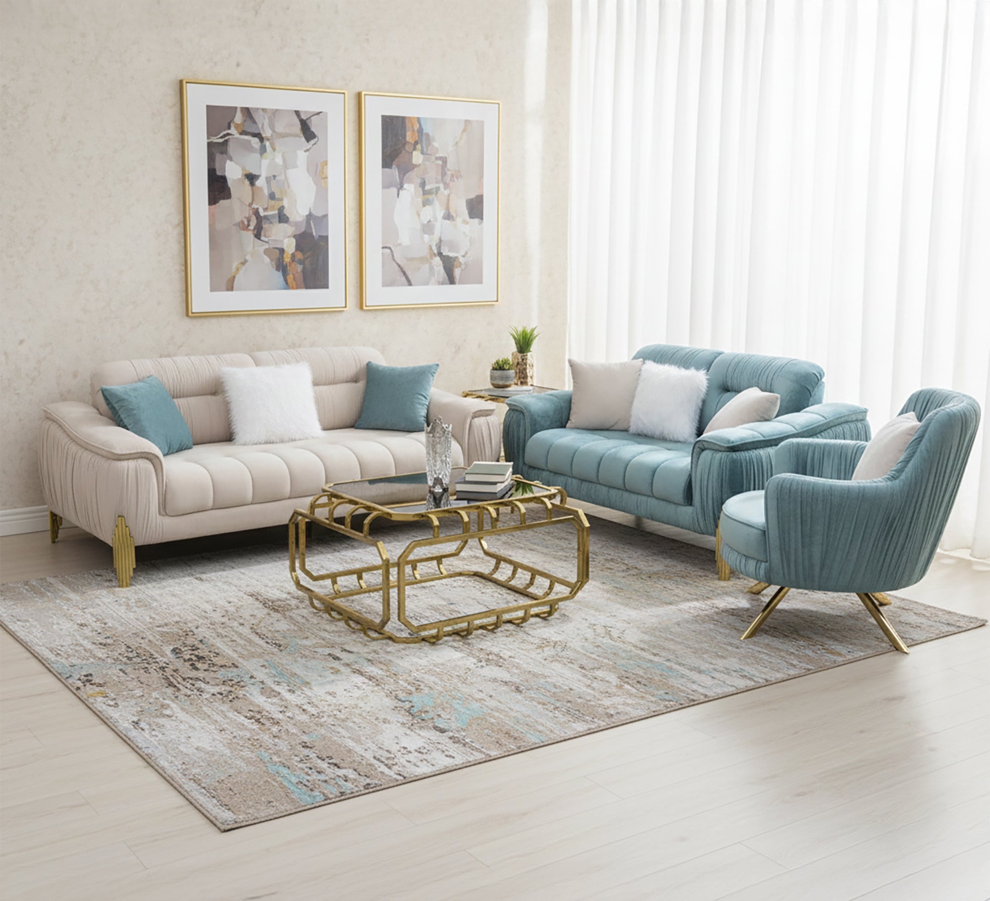 Sky blue and ivory white living room set - Vitrine Furniture - Living room sets