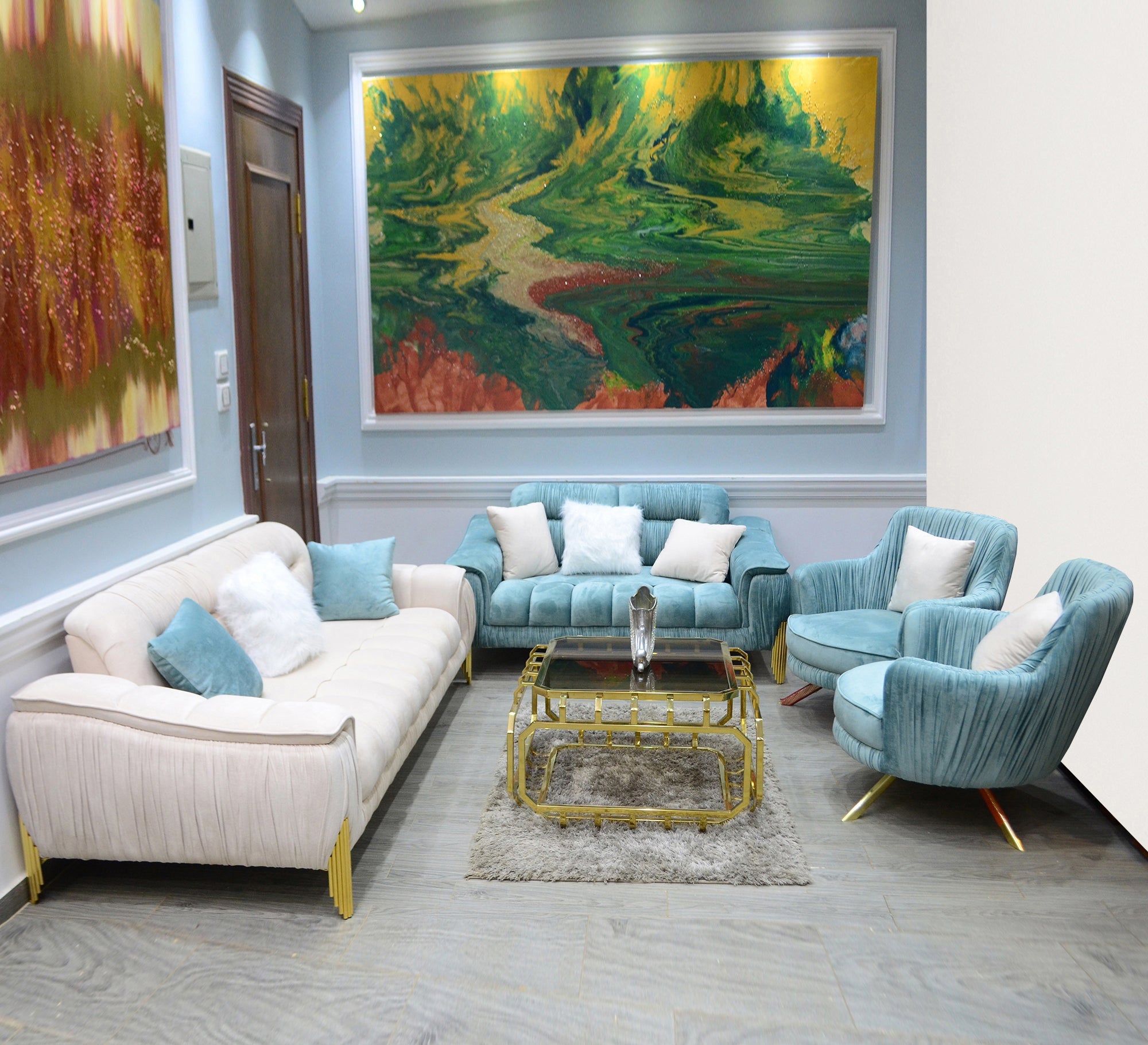 Sky blue and ivory white living room set - Vitrine Furniture - Living room sets