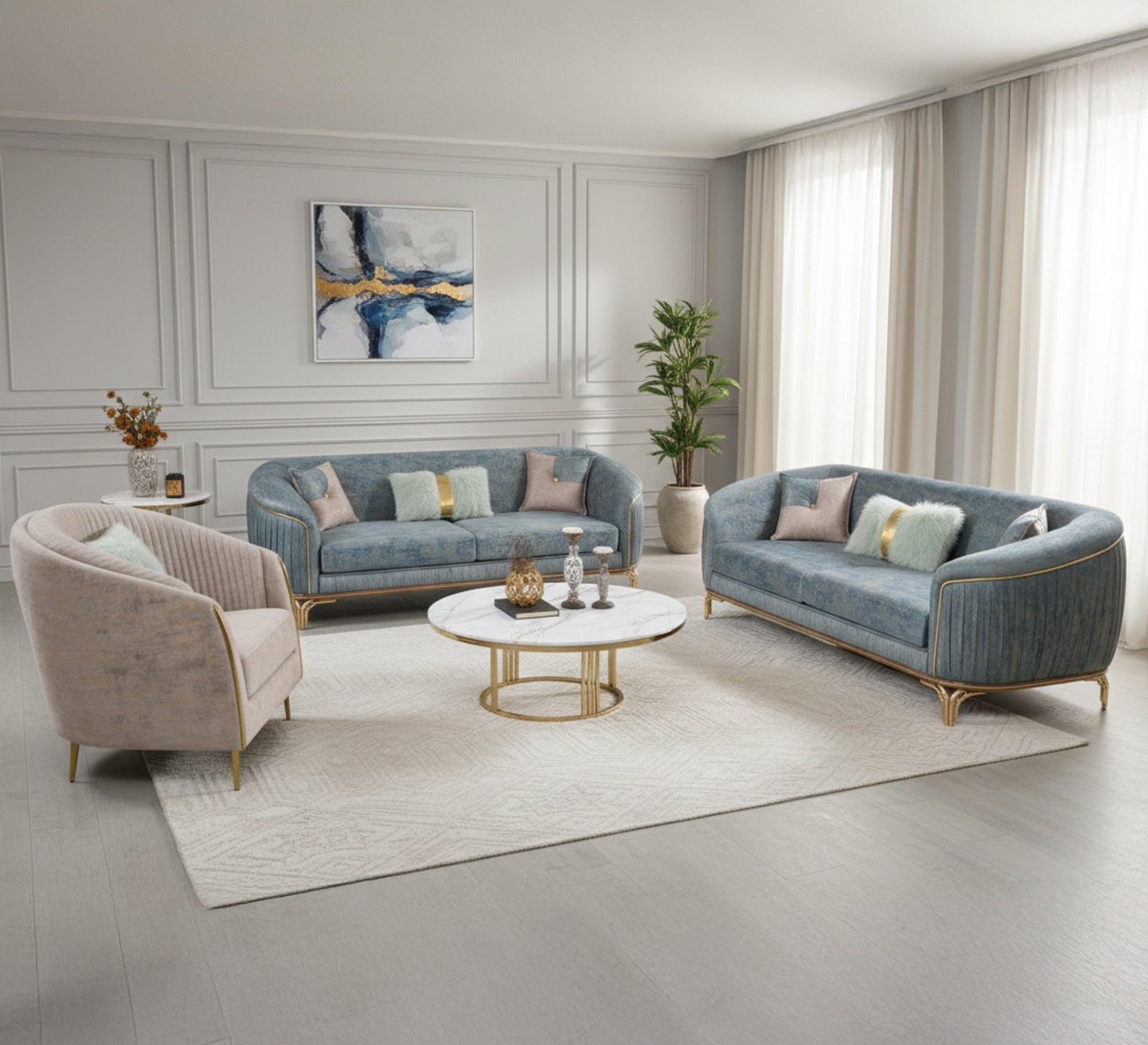 Sky blue and ivory white salon - Vitrine Furniture - Salon Sets