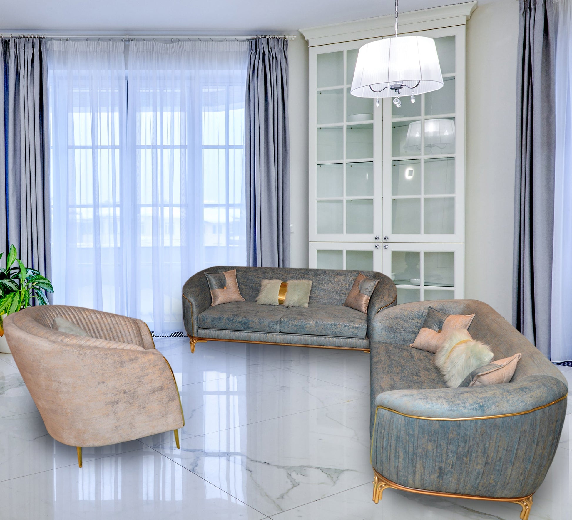 Sky blue and ivory white salon - Vitrine Furniture - Salon Sets