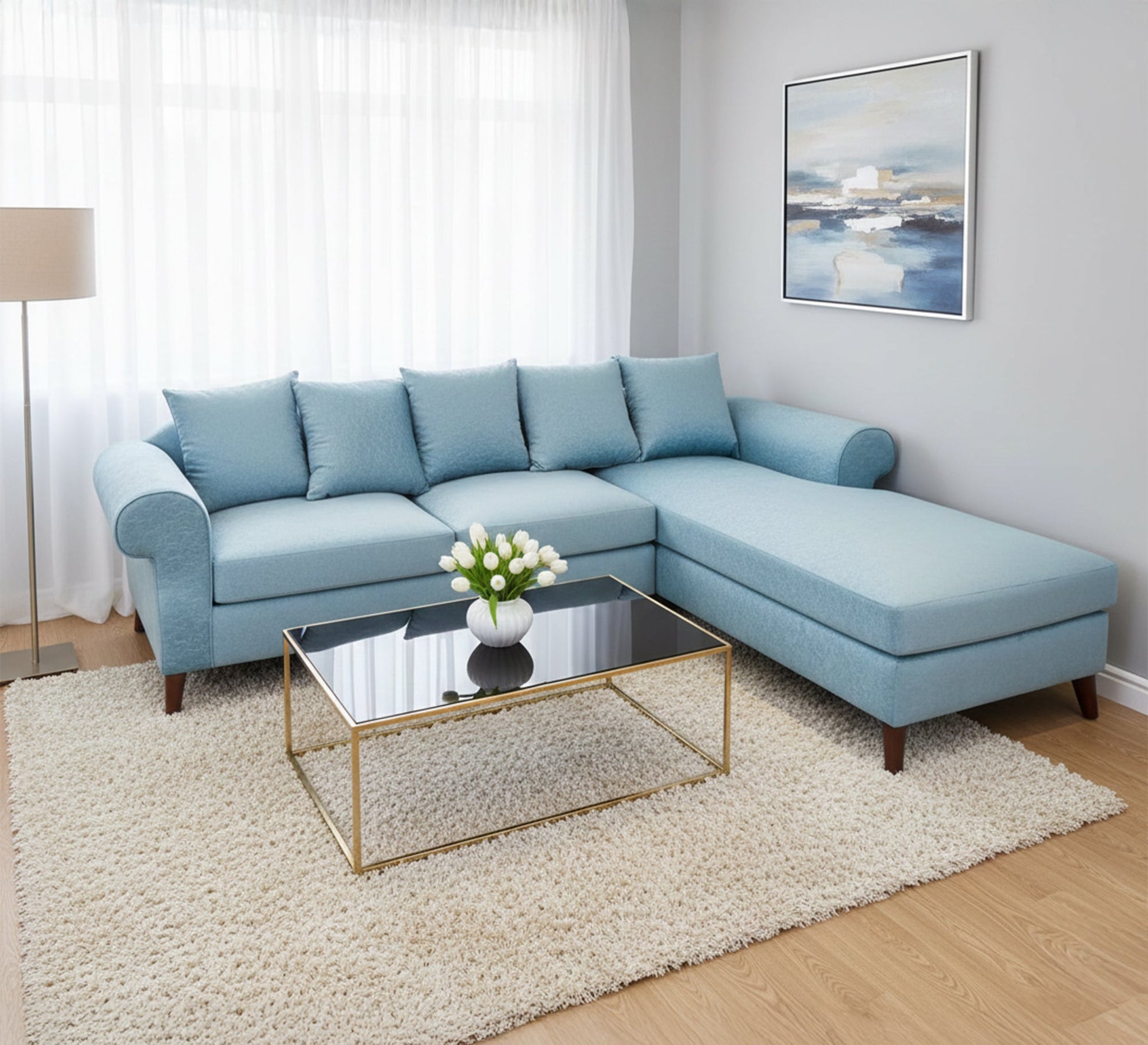 sky blue L shape living room Corner - Vitrine Furniture - L - shape sofa set