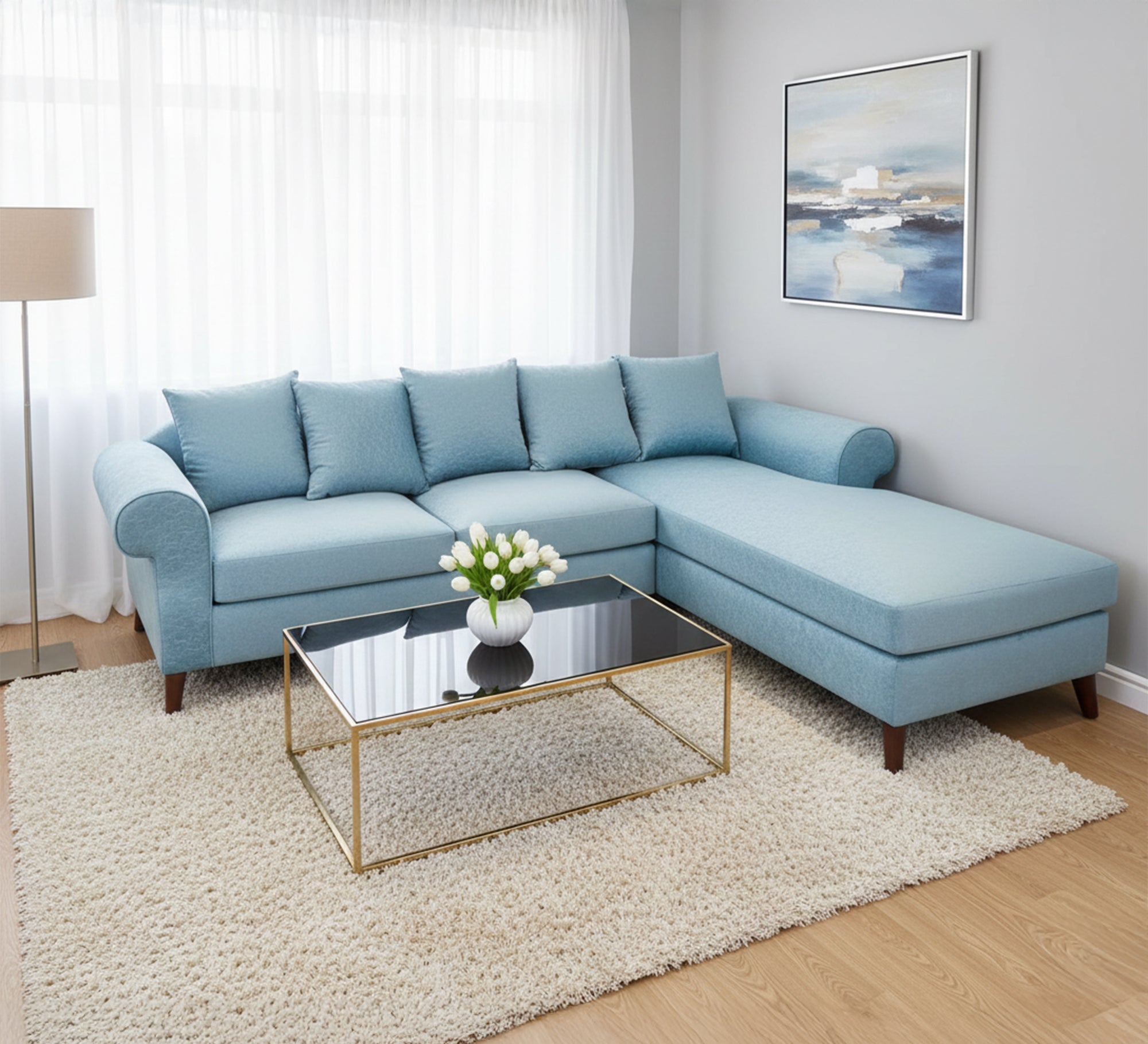 sky blue L shape living room Corner - Vitrine Furniture - L - shape sofa set