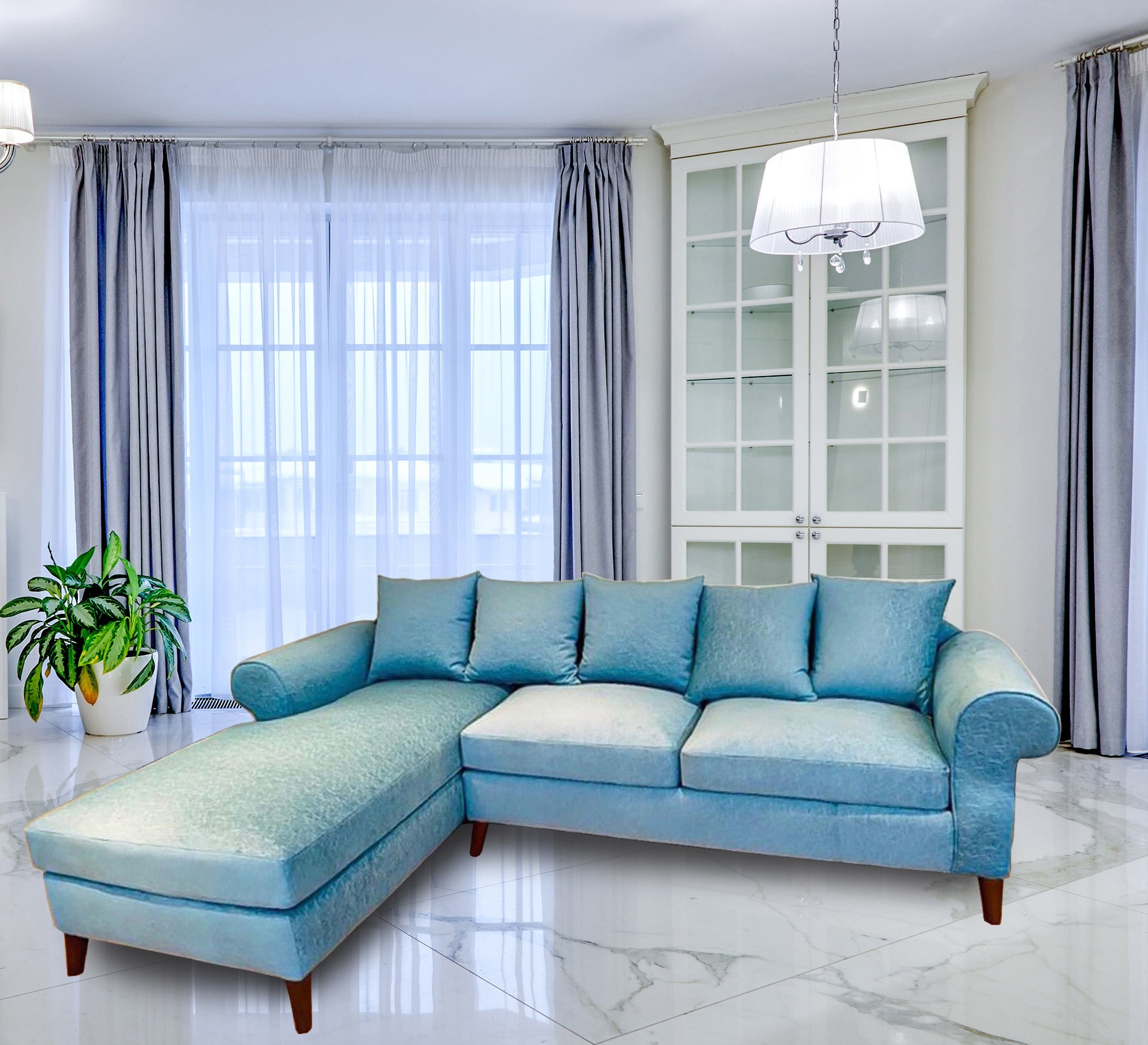 sky blue L shape living room Corner - Vitrine Furniture - L - shape sofa set