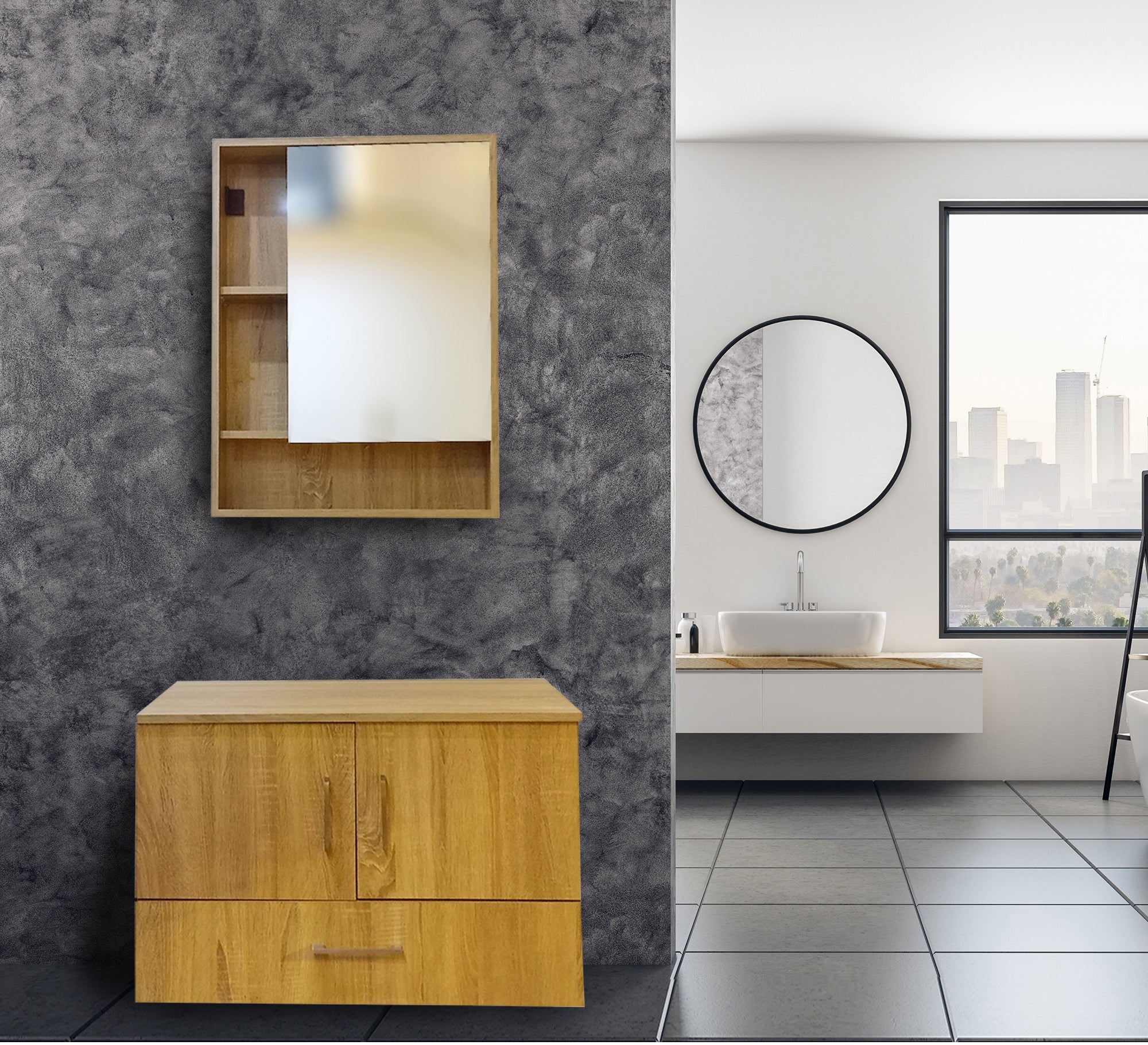 Sleek Two - Piece Bathroom Storage with Mirror - Vitrine Furniture - Cabinets