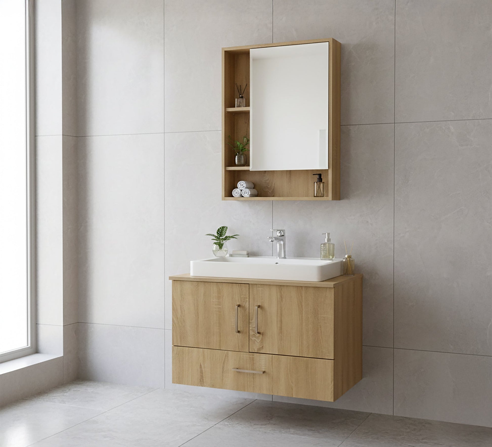 Sleek Two - Piece Bathroom Storage with Mirror - Vitrine Furniture - Cabinets