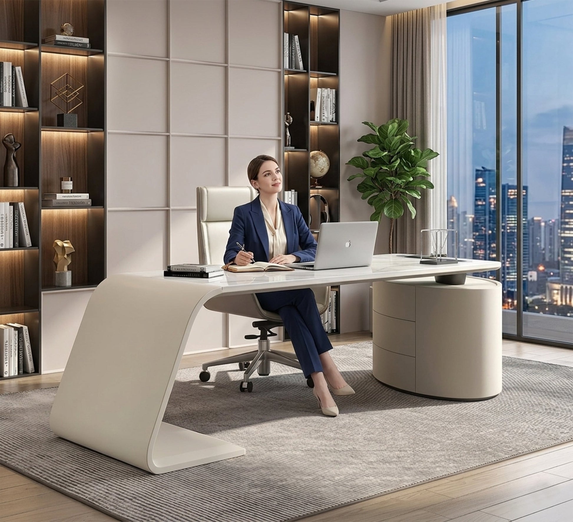 Smooth White L - Shaped Desk with Curved Legs - Vitrine Furniture - Desks