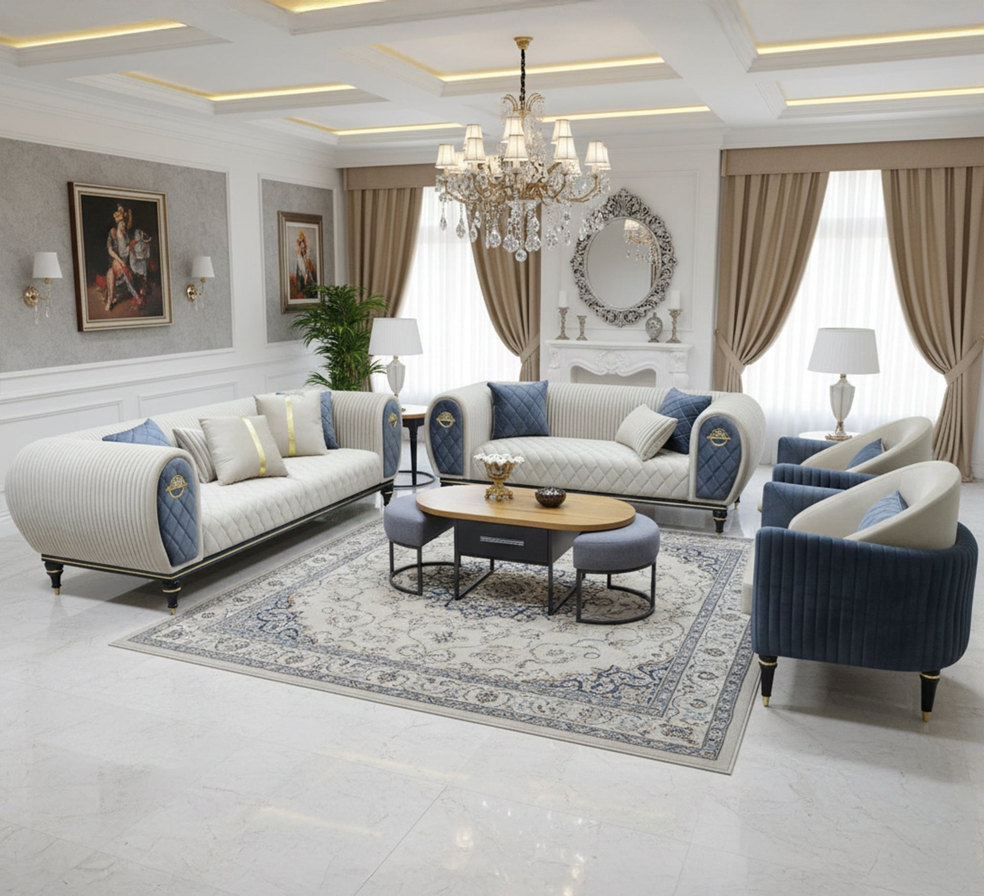 Sofa Set with Inflated Armrests & Circular Back - Vitrine Furniture - Living room sets