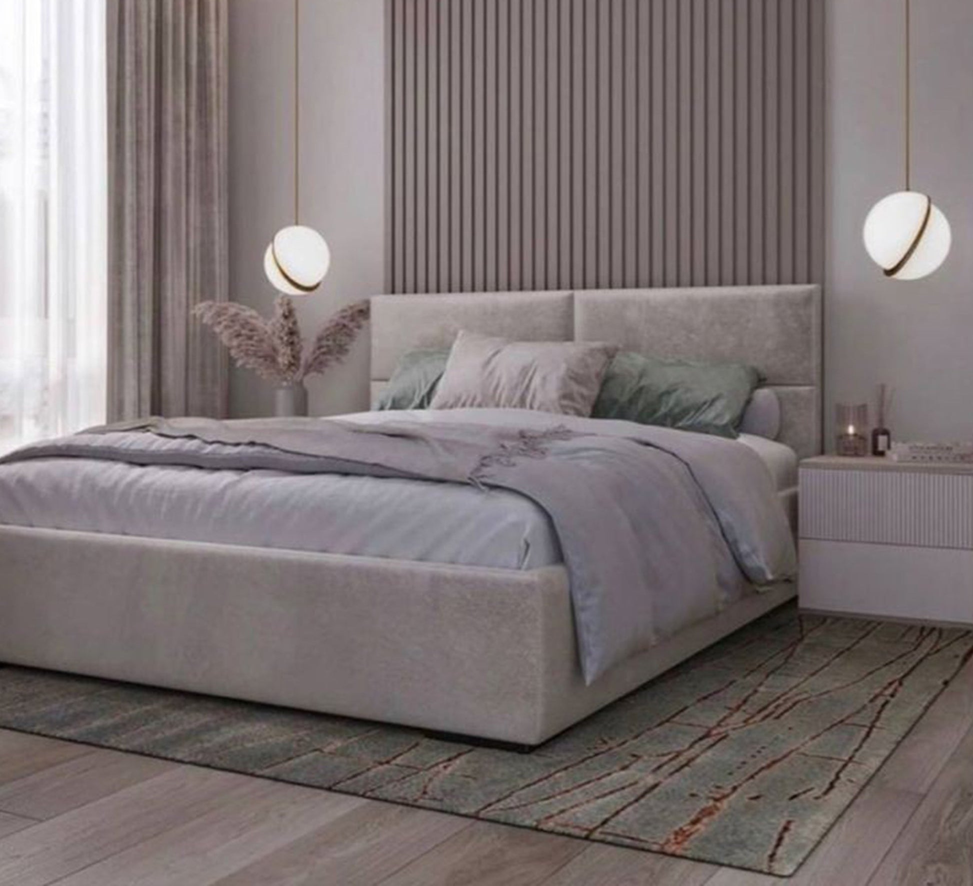 Soft gray bed with a simple headboard - Vitrine Furniture - Furniture