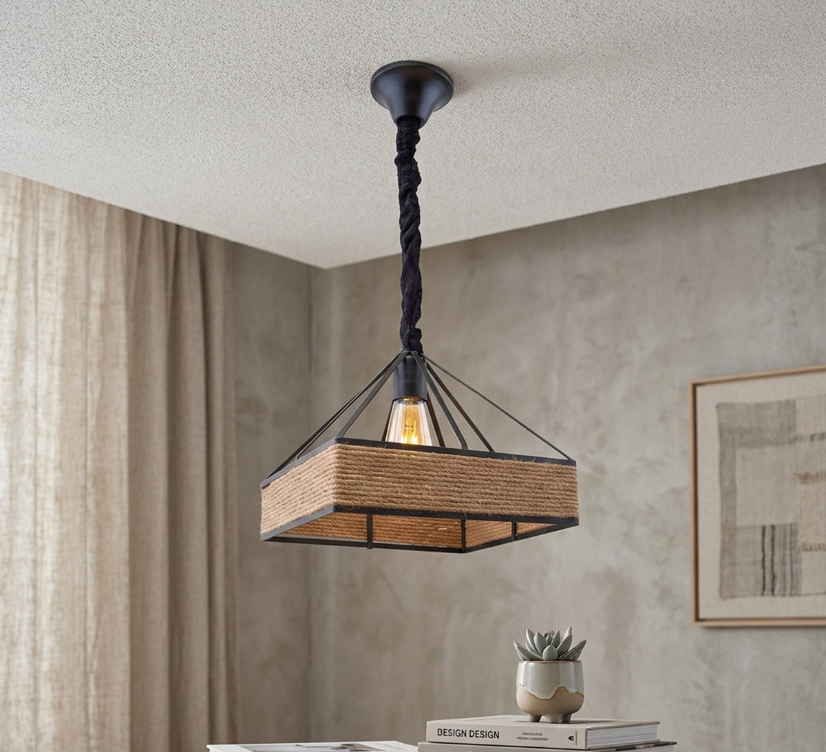 Square Rustic Metal and Rope Pendant - Vitrine Furniture - Ceiling lights