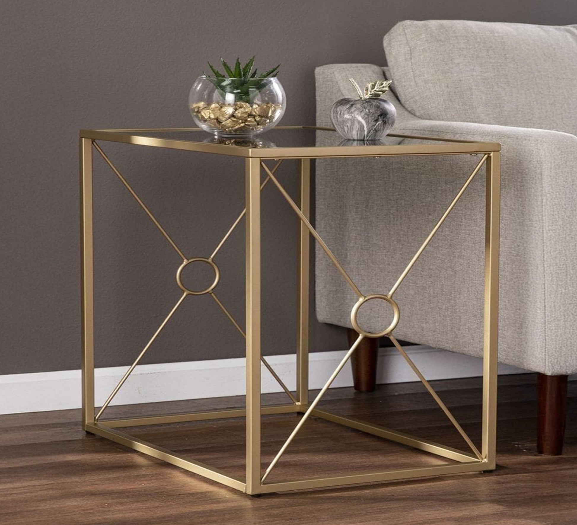 Square side table with a gold metal frame and a glass top - Vitrine Furniture - Furniture