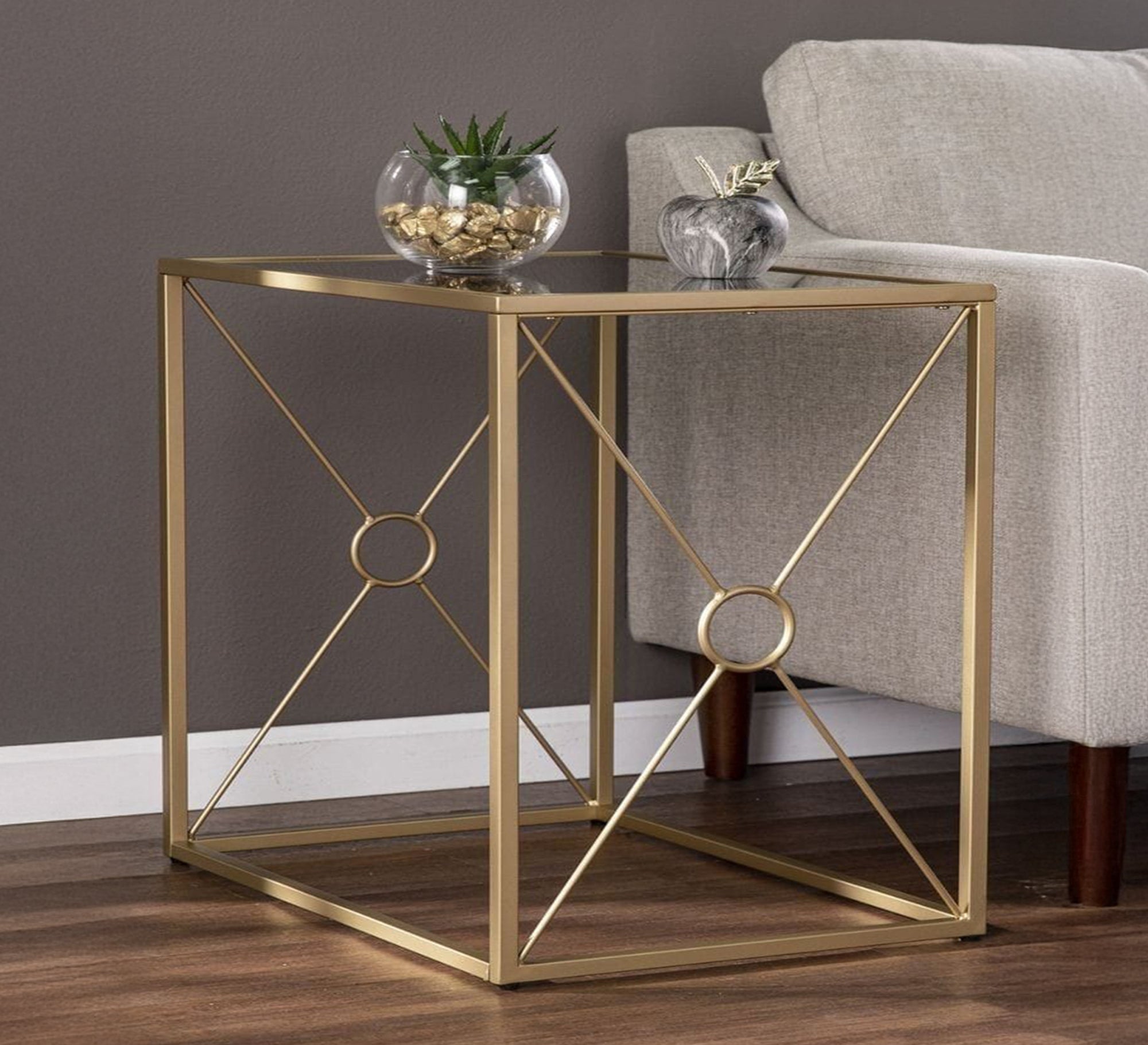 Square side table with a gold metal frame and a glass top - Vitrine Furniture - Furniture