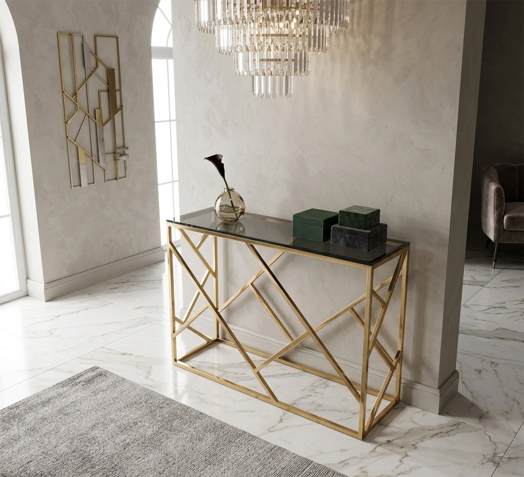 Stainless steel console decorated with interlocking sticks - Vitrine Furniture - Console