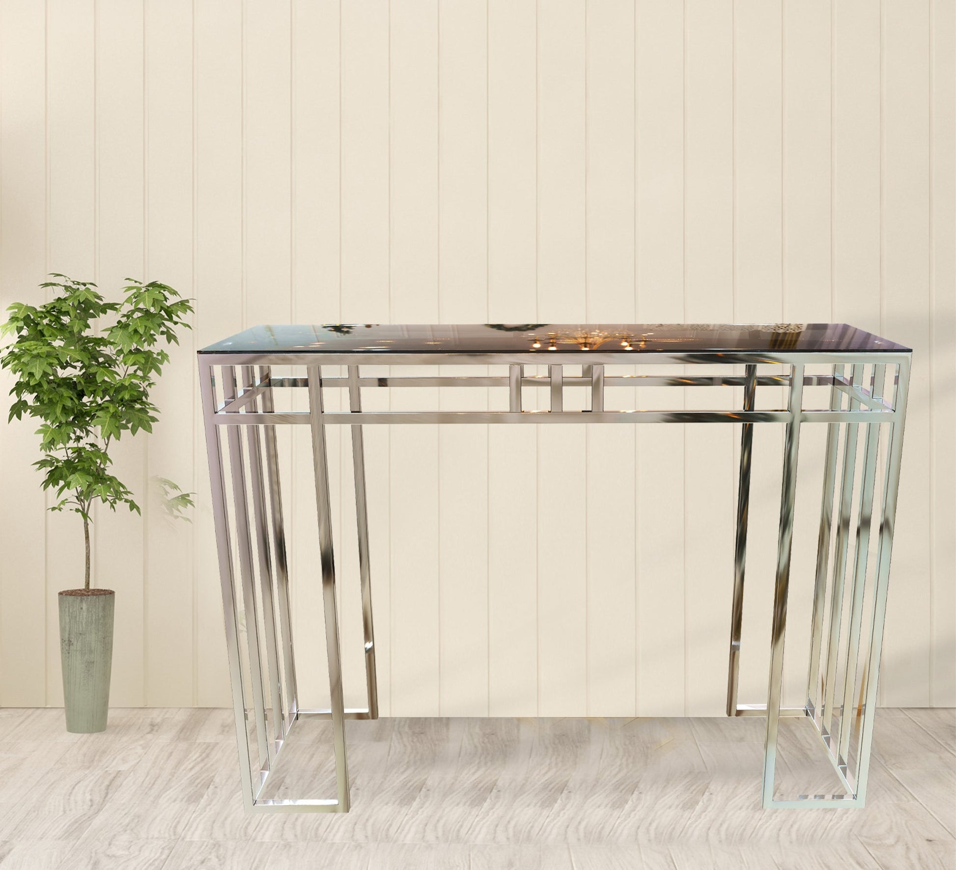 Stainless steel console decorated with successive sticks - Vitrine Furniture - Furniture