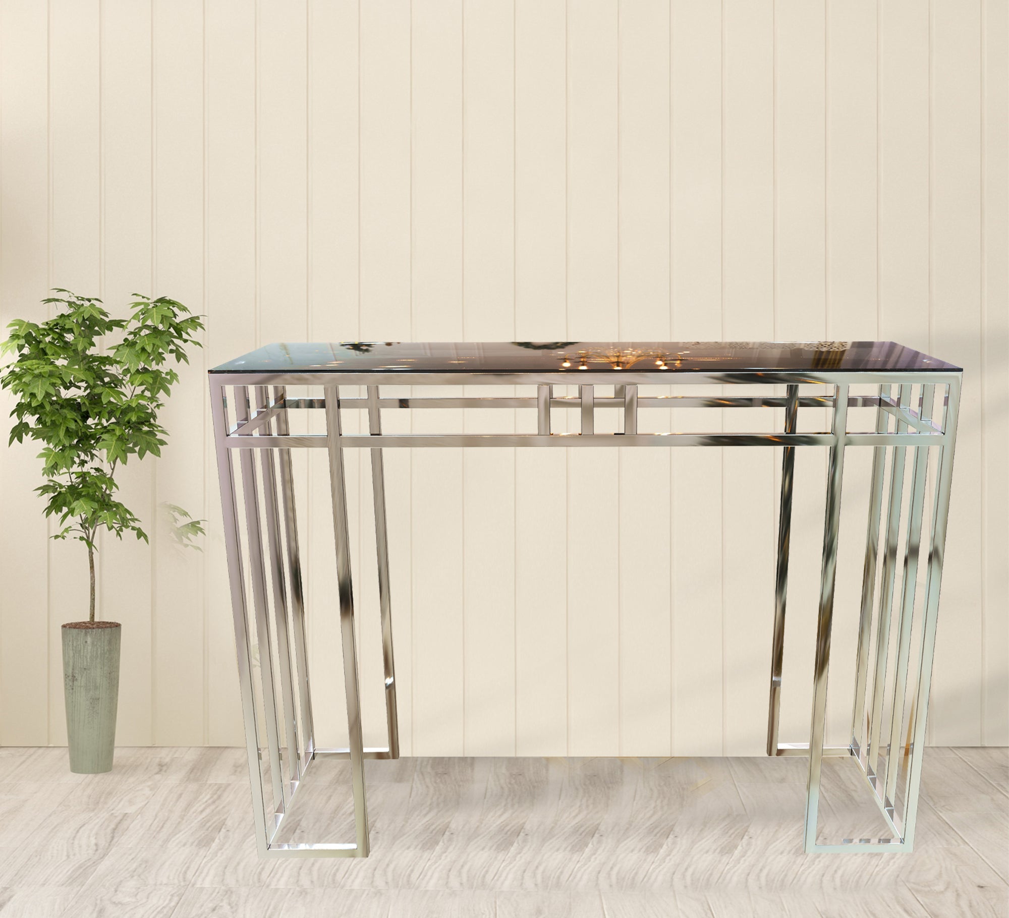 Stainless steel console decorated with successive sticks - Vitrine Furniture - Furniture