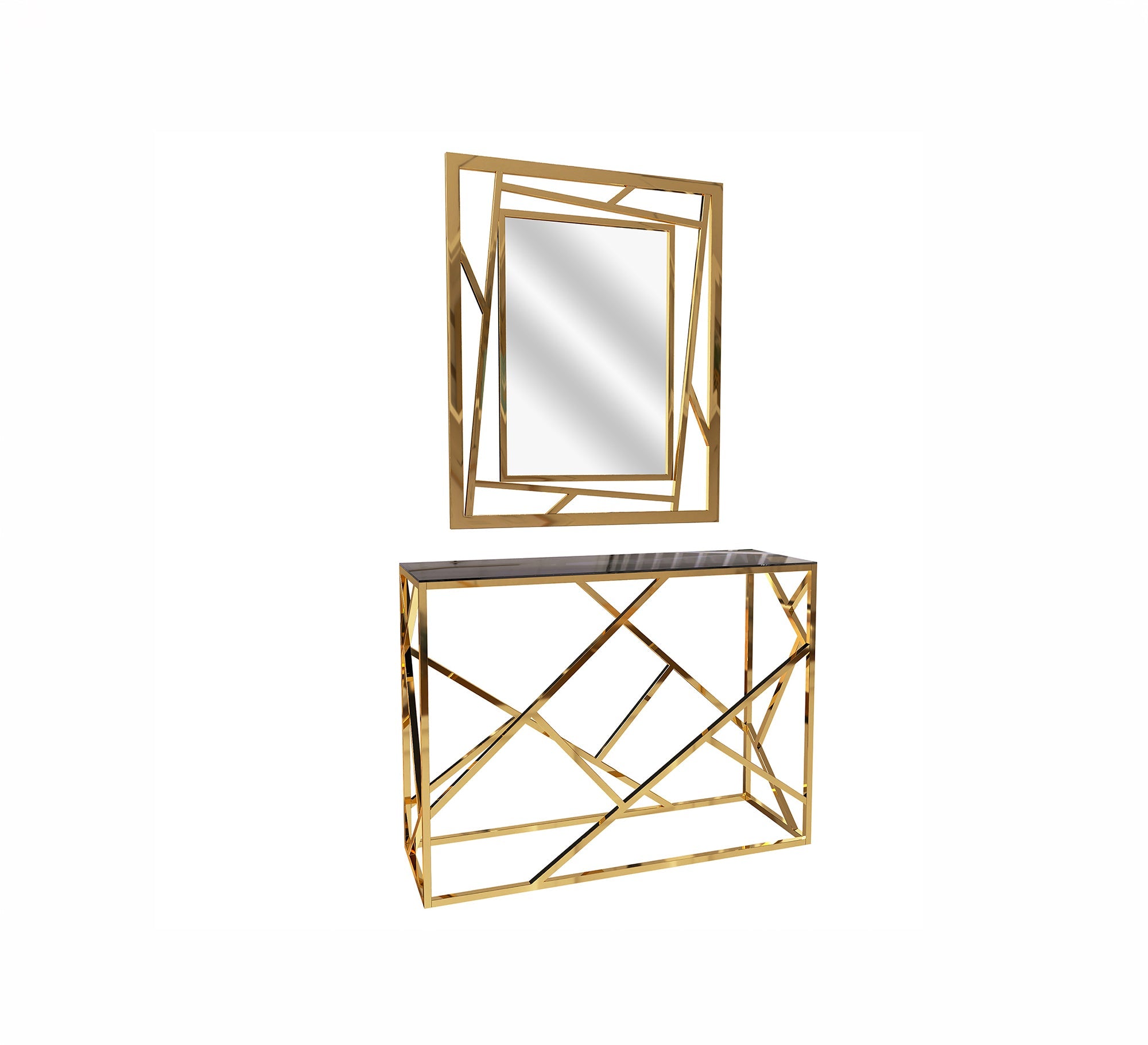 Steel console with black glass shelf and mirror - Vitrine Furniture - Console