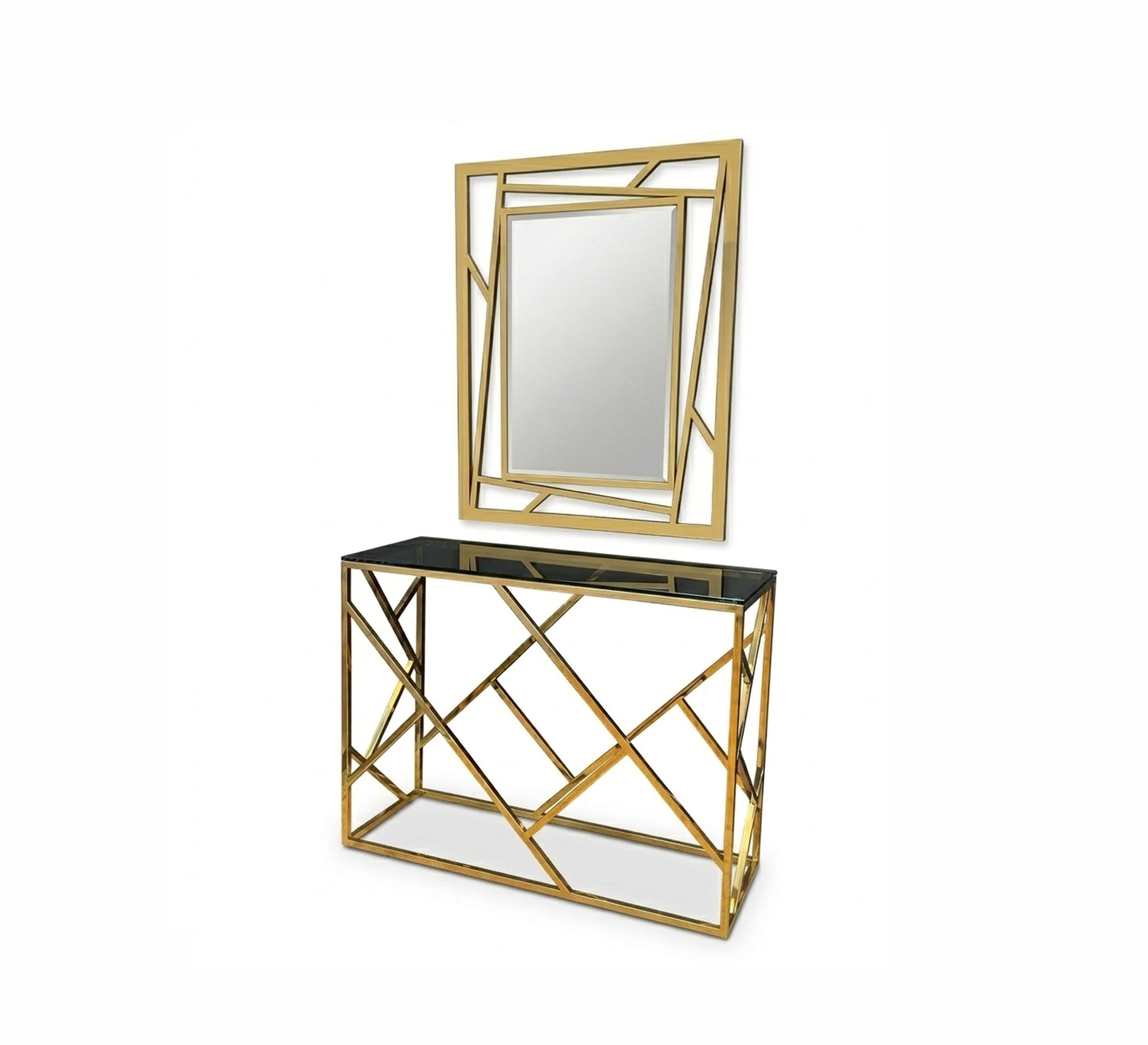 Steel console with black glass shelf and mirror - Vitrine Furniture - Console