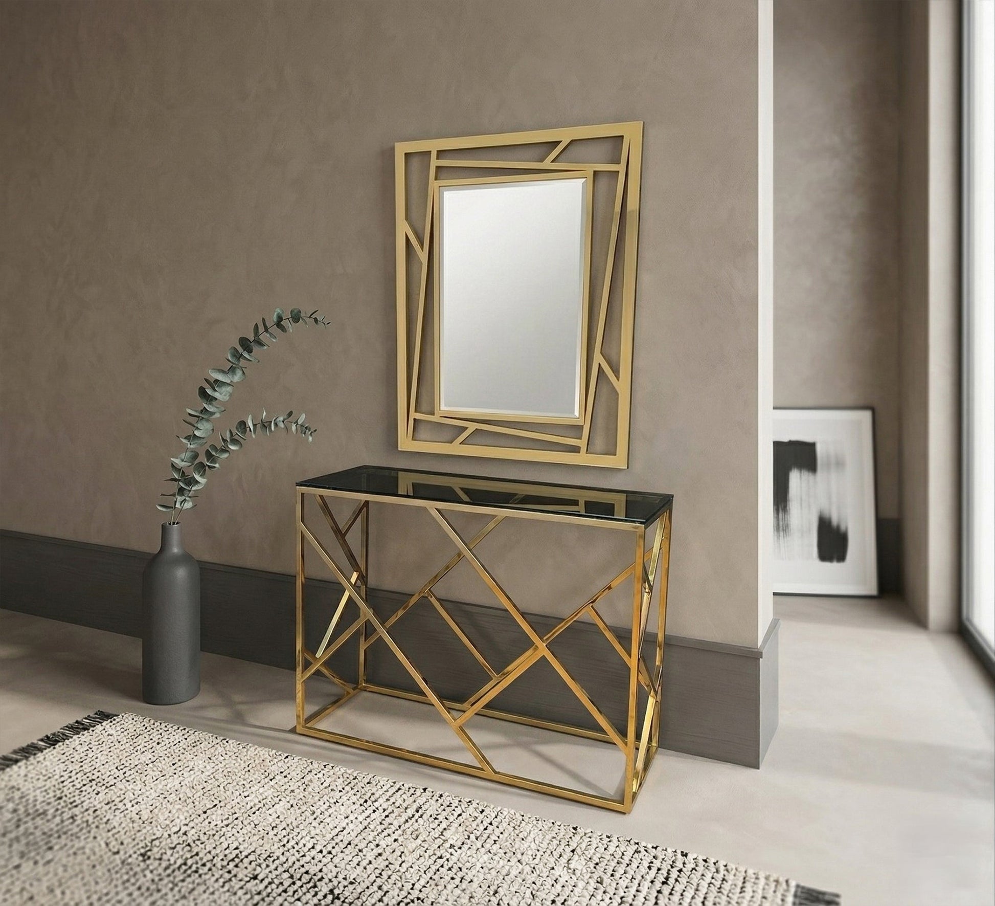 Steel console with black glass shelf and mirror - Vitrine Furniture - Console