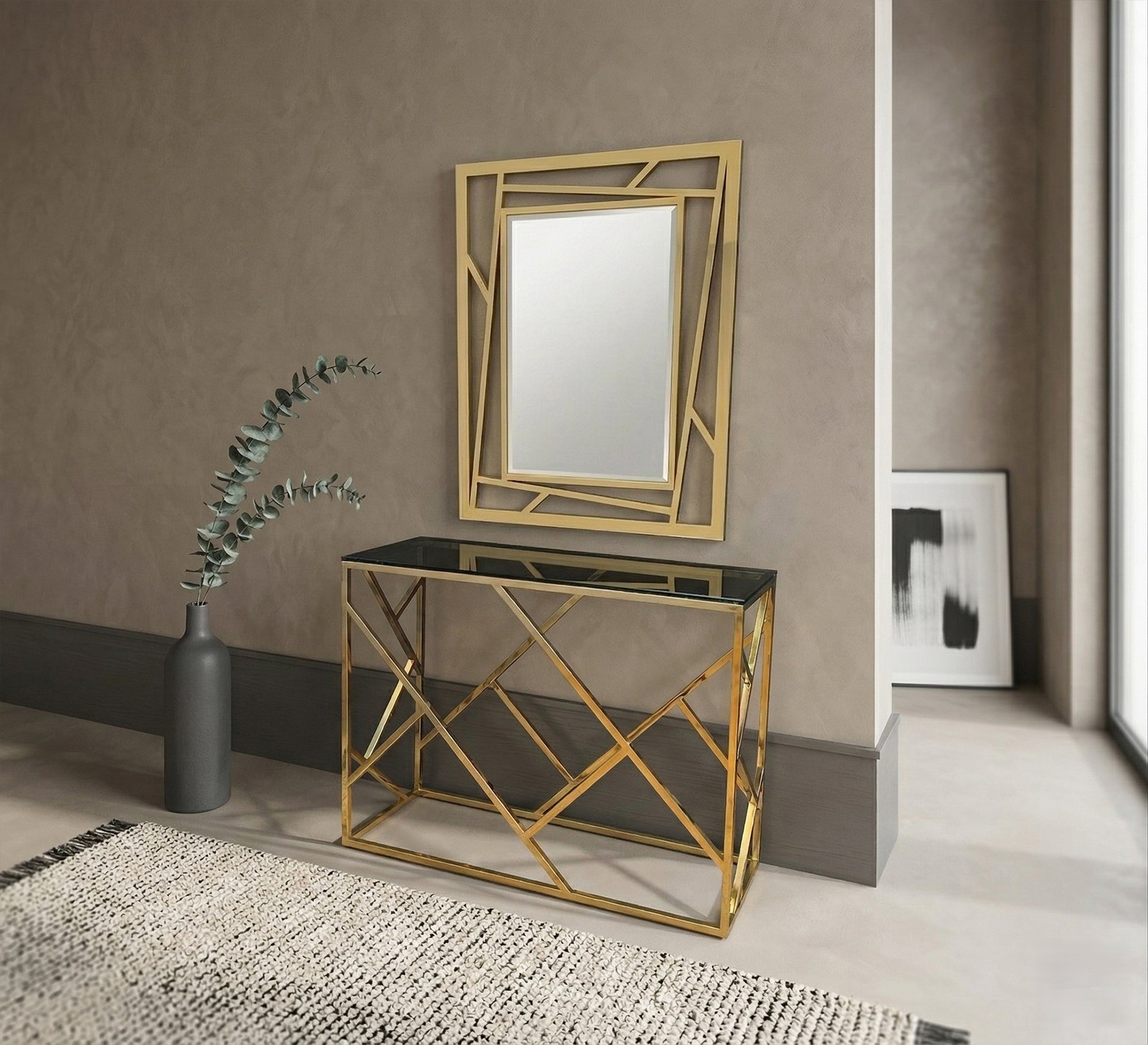 Steel console with black glass shelf and mirror - Vitrine Furniture - Console