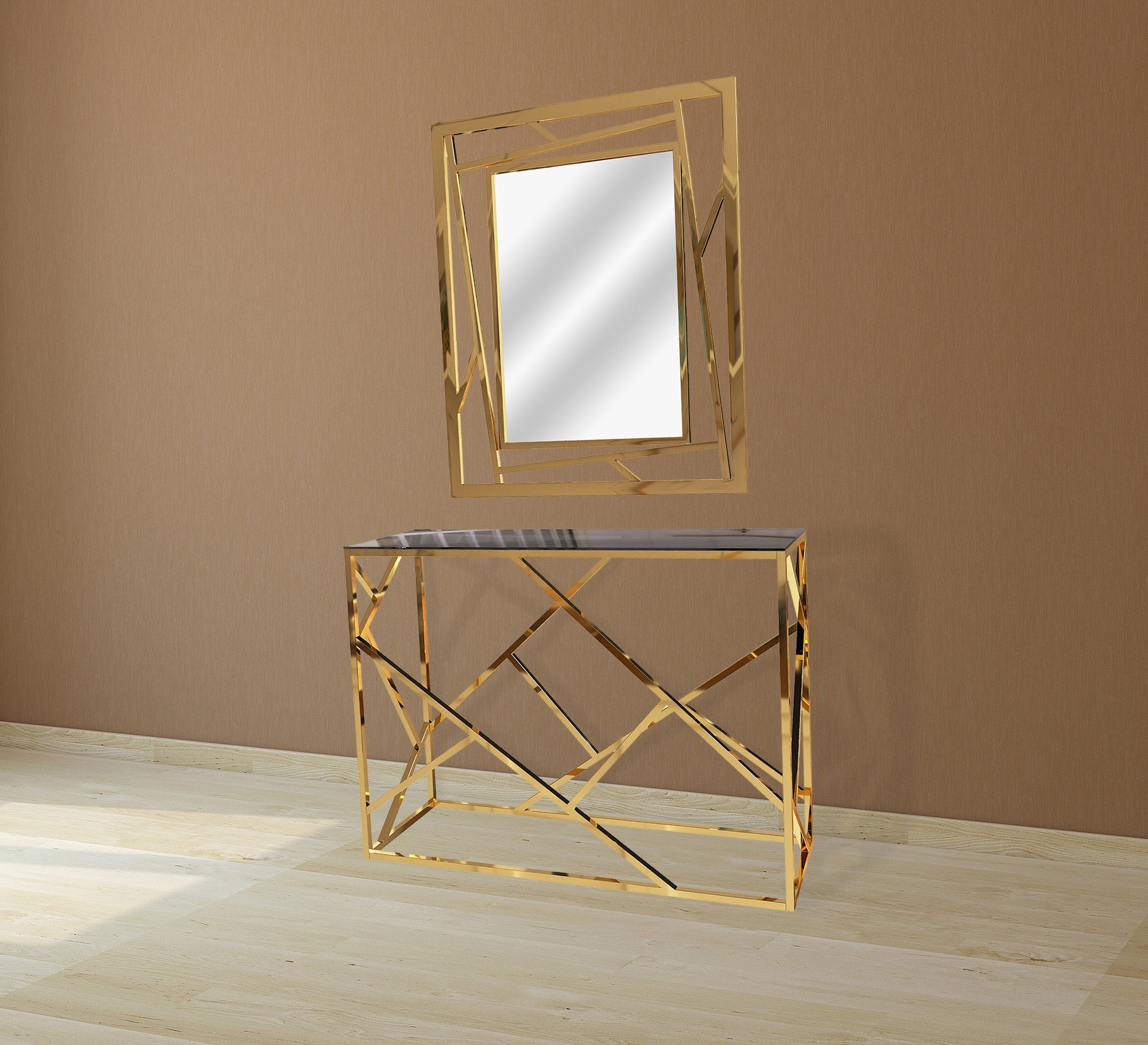 Steel console with black glass shelf and mirror - Vitrine Furniture - Furniture