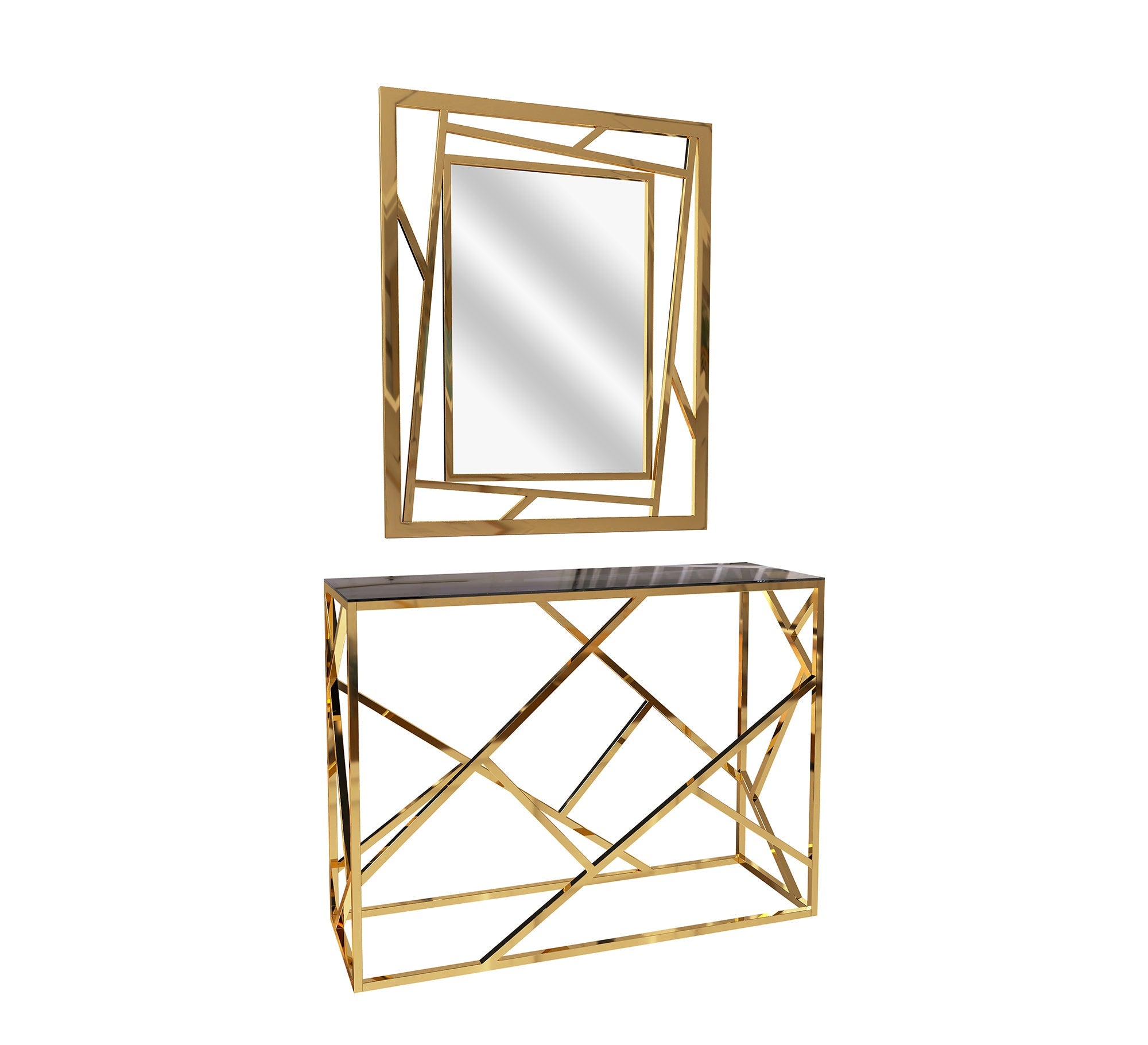 Steel console with black glass shelf and mirror - Vitrine Furniture - Furniture