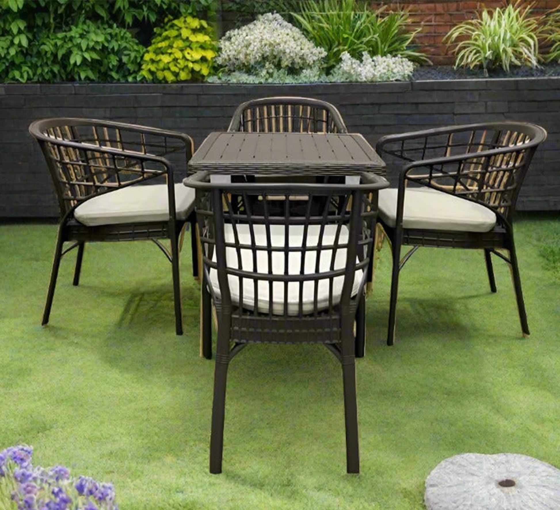 Stylish, comfortable, brown patio set with beige cushions. - Vitrine Furniture - Outdoor Products