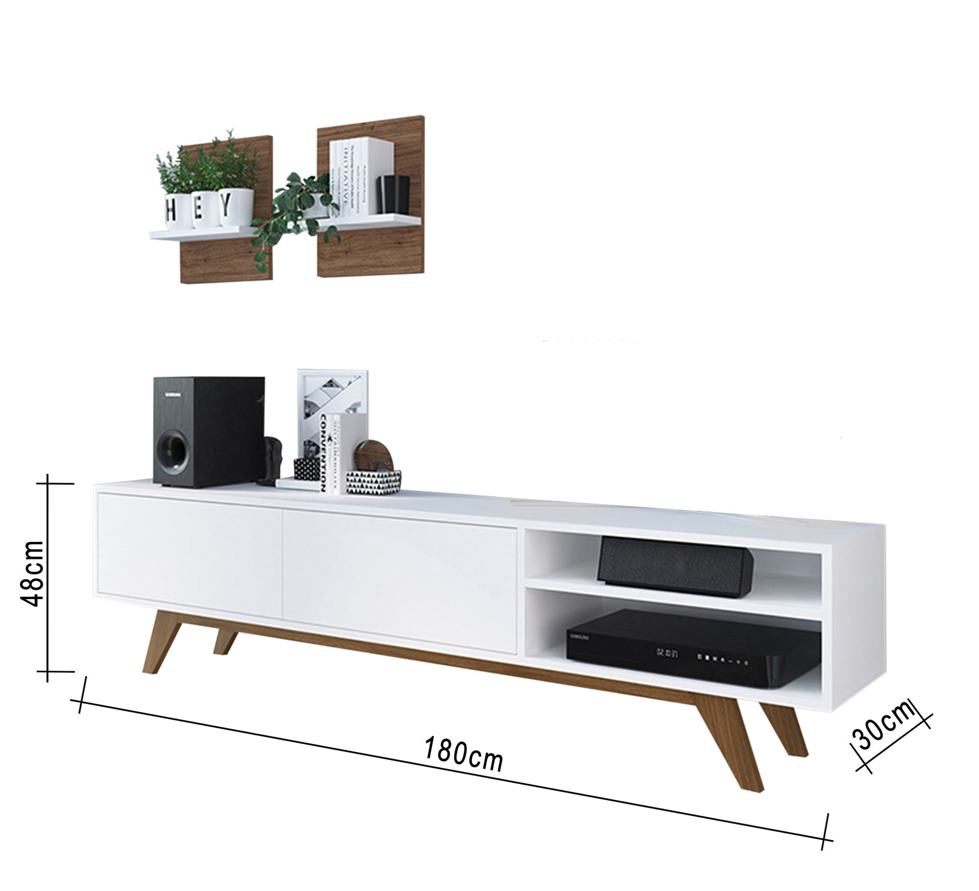 Stylish Living: White TV Table with High Brown Legs Elegance - Vitrine Furniture - Furniture