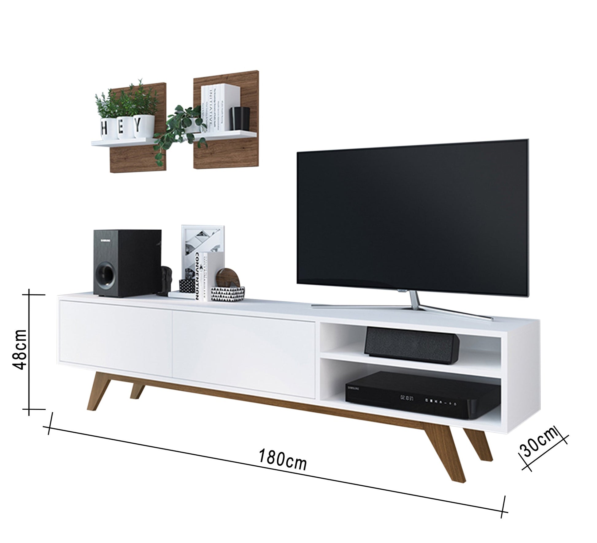 Stylish Living: White TV Table with High Brown Legs Elegance - Vitrine Furniture - Furniture