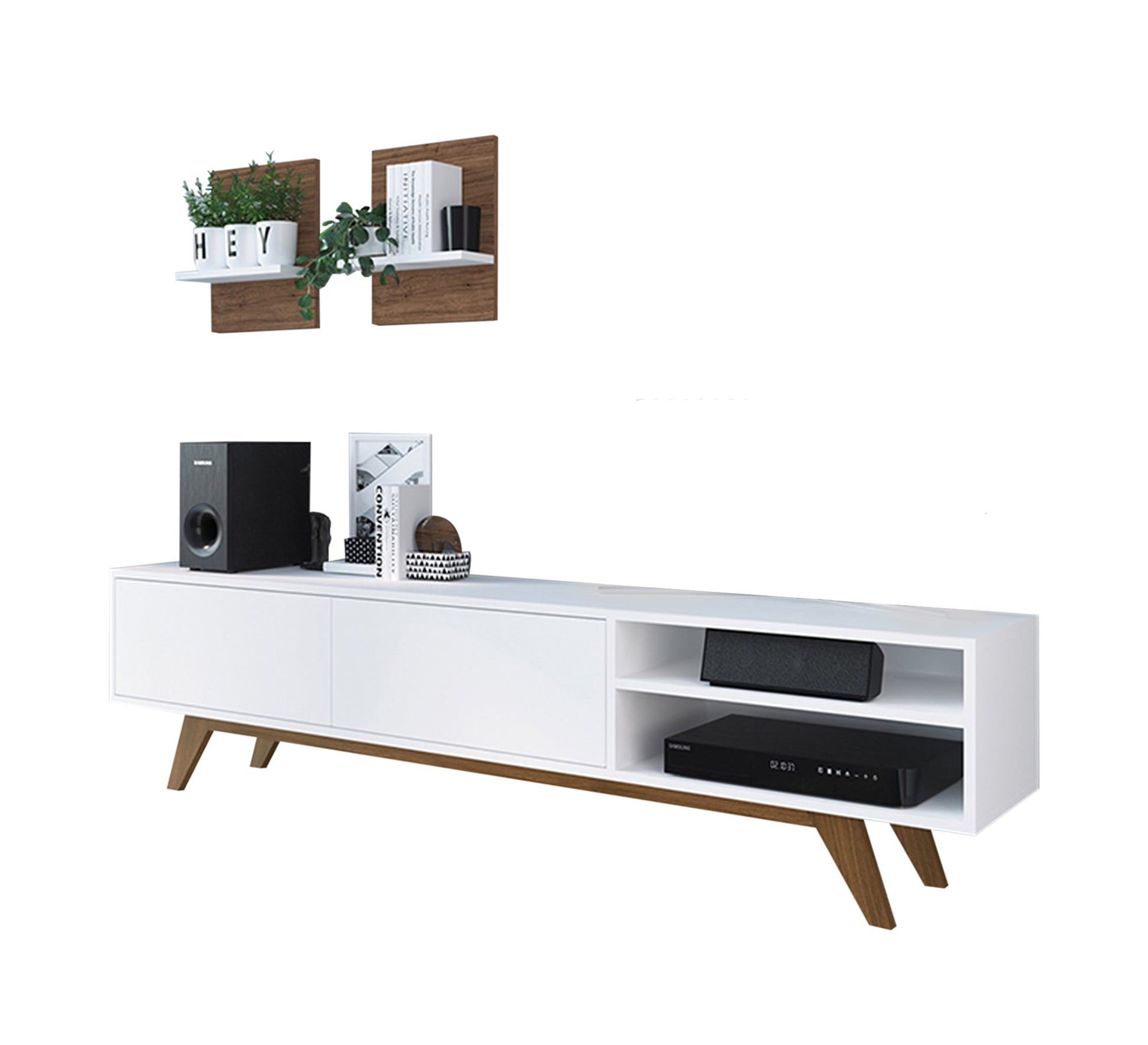 Stylish Living: White TV Table with High Brown Legs Elegance - Vitrine Furniture - Furniture