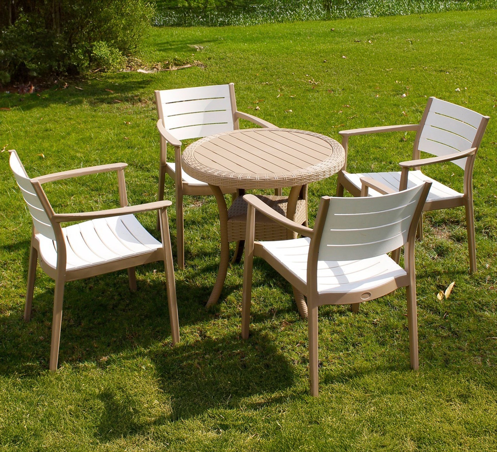 Stylish two - tone white and beige outdoor dining set - Vitrine Furniture - Outdoor Products