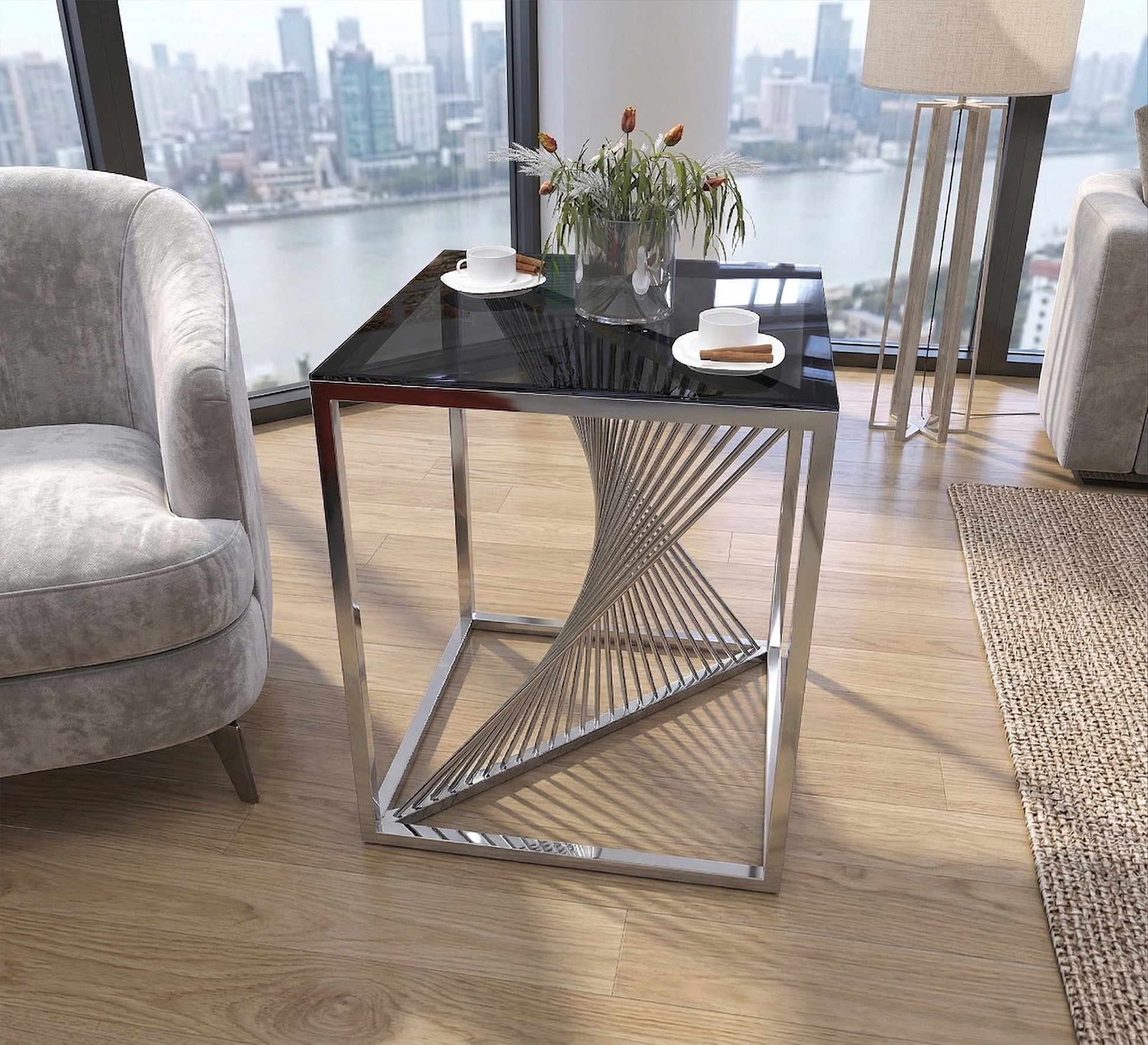 Table with a cube frame and a black glass top - Vitrine Furniture - Side Tables