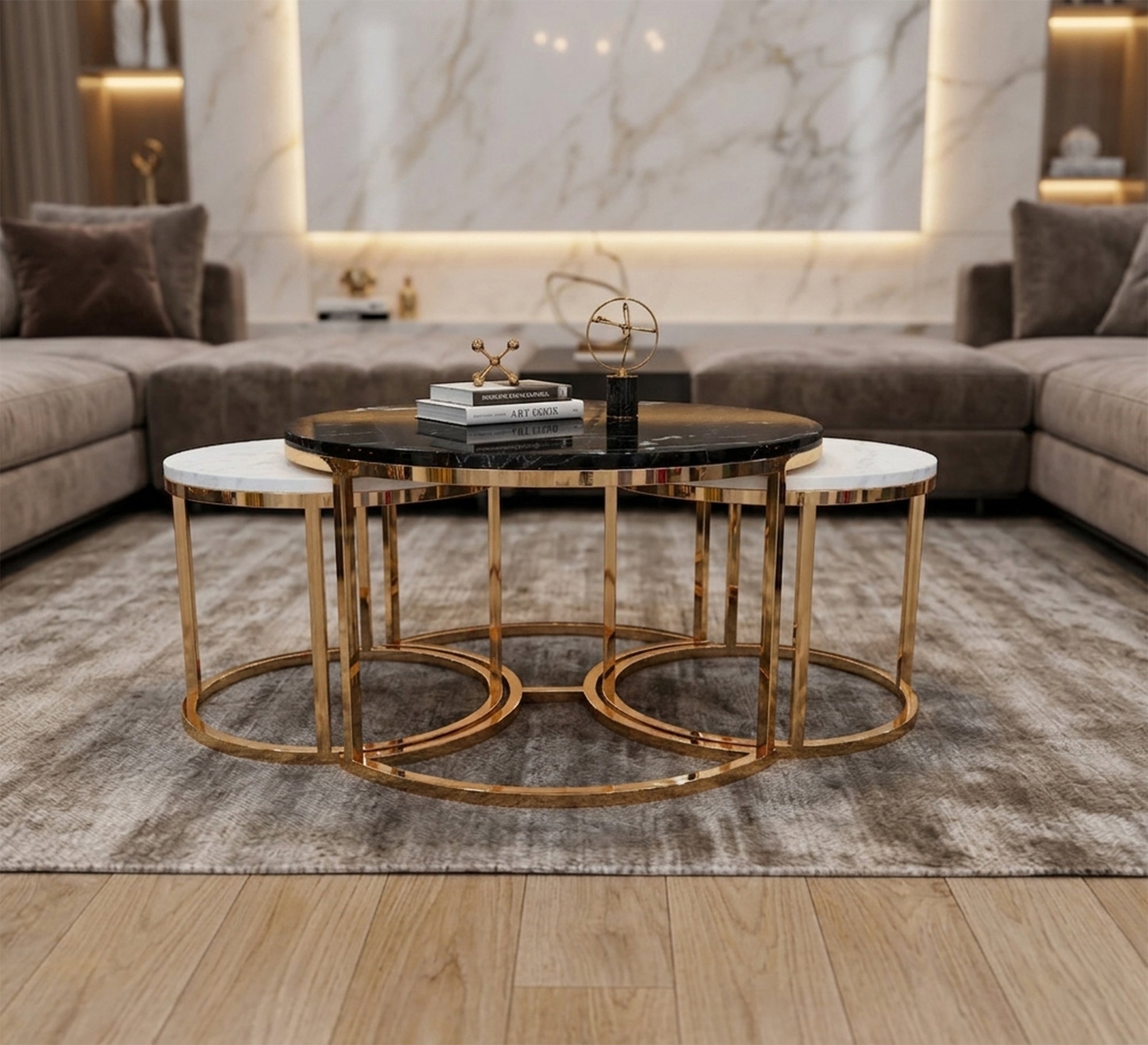 Three golden tables with black and white marble - Vitrine Furniture - Coffee Tables