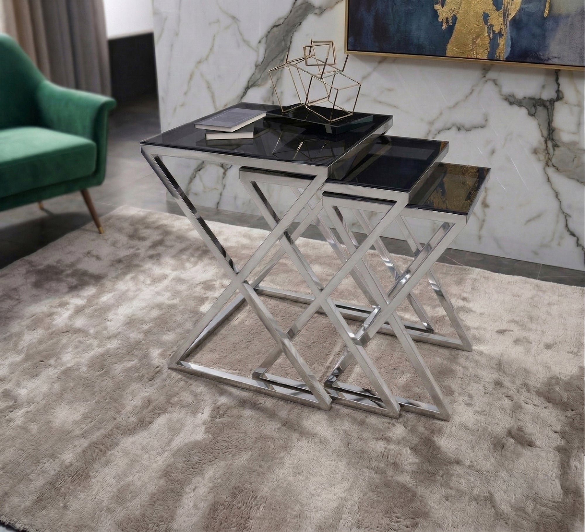 Three silver square tables - Vitrine Furniture - Side Tables