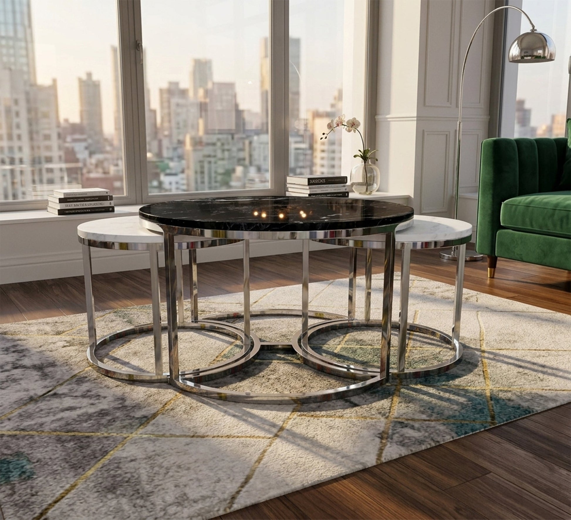 Three silver tables with black and white marble - Vitrine Furniture - Coffee Tables