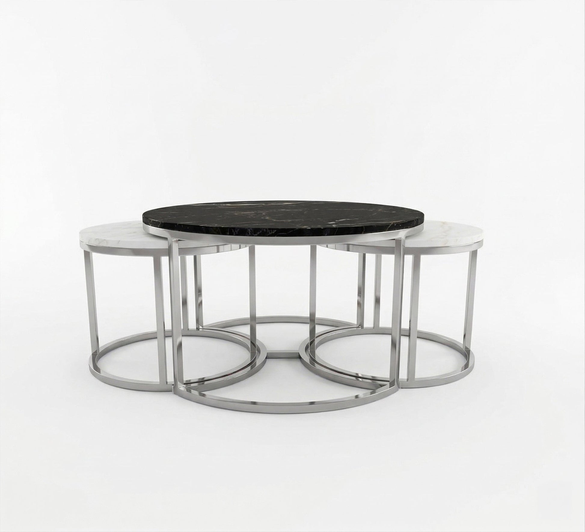Three silver tables with black and white marble - Vitrine Furniture - Coffee Tables